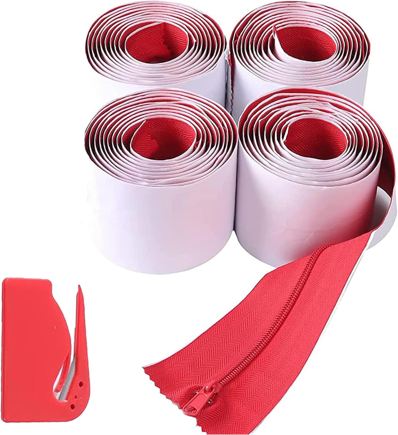 4-Pack Heavy-Duty Dust Protector Zipper Red - Self-Adhesive Instant Door Zipper - 7 Ft Length x 3" Width - Includes 4 Zippers and Plastic Sheeting Cutter Accessories