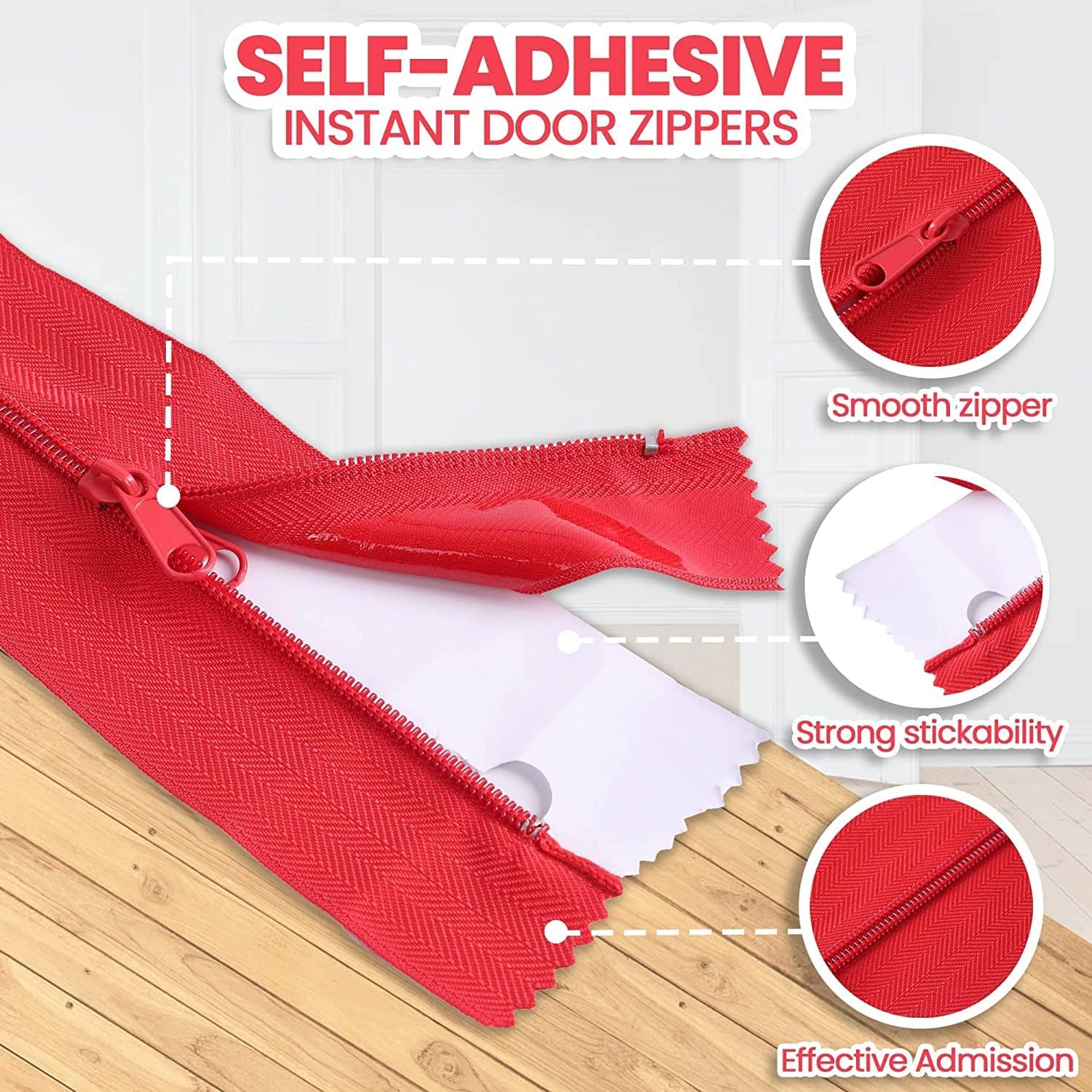 4-Pack Heavy-Duty Dust Protector Zipper Red - Self-Adhesive Instant Door Zipper - 7 Ft Length x 3" Width - Includes 4 Zippers and Plastic Sheeting Cutter Accessories