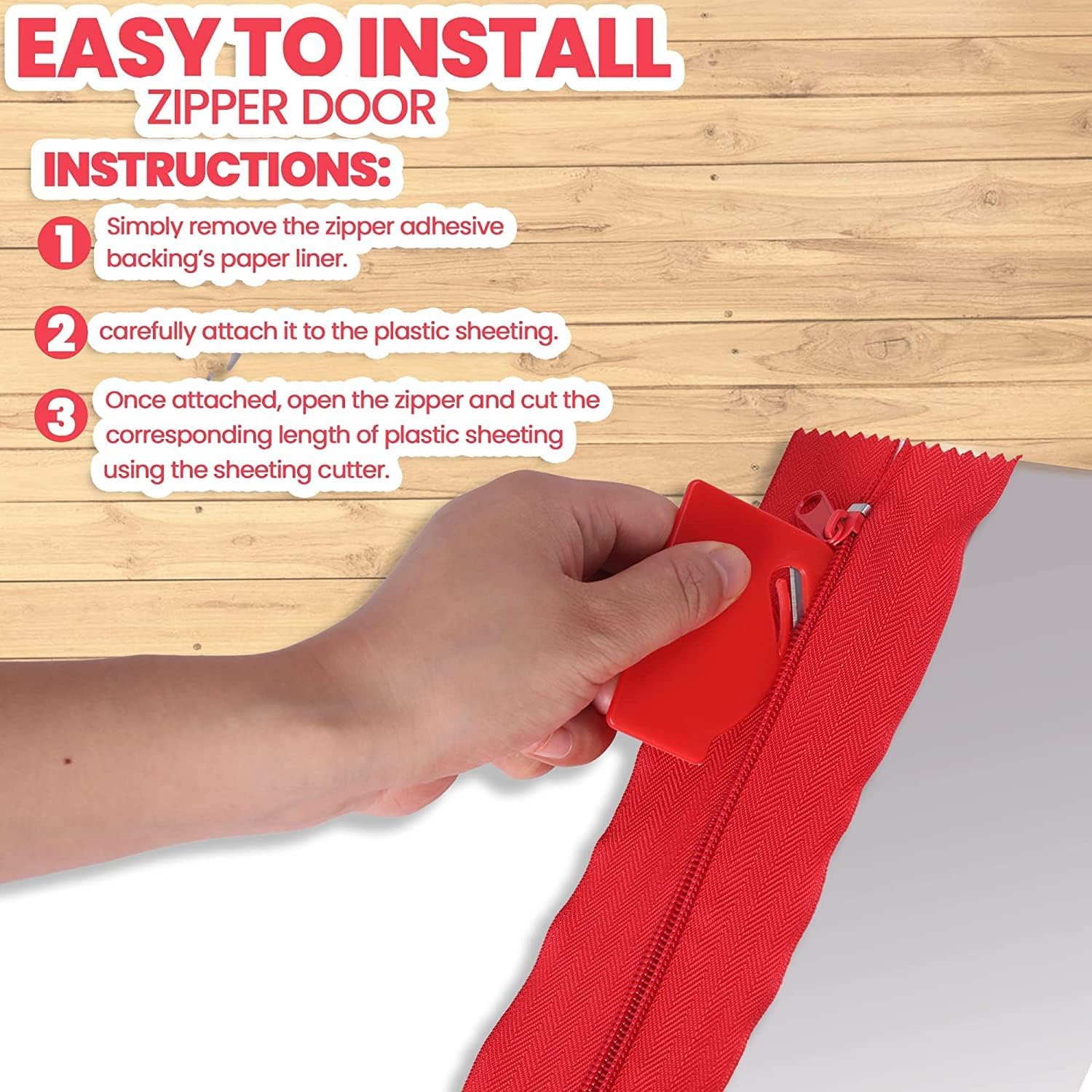 4-Pack Heavy-Duty Dust Protector Zipper Red - Self-Adhesive Instant Door Zipper - 7 Ft Length x 3" Width - Includes 4 Zippers and Plastic Sheeting Cutter Accessories