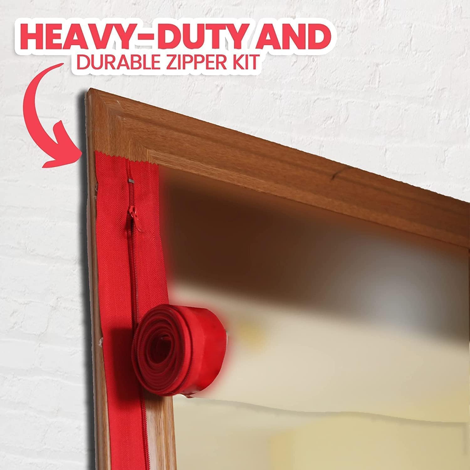 4-Pack Heavy-Duty Dust Protector Zipper Red - Self-Adhesive Instant Door Zipper - 7 Ft Length x 3" Width - Includes 4 Zippers and Plastic Sheeting Cutter Accessories