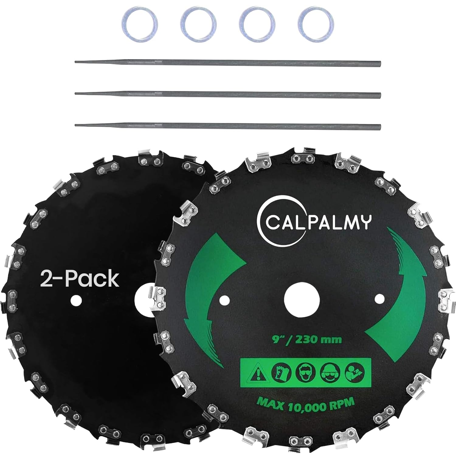 2-Set 9" x 20T Chainsaw Tooth Brush Blades - Weed Eater Saw Blade Kit with 2 Carbon Steel Round Chainsaw Blades, 3 Round Files, and 4 Washers for Brush Cutters, String Trimmers, and Weed Wreckers