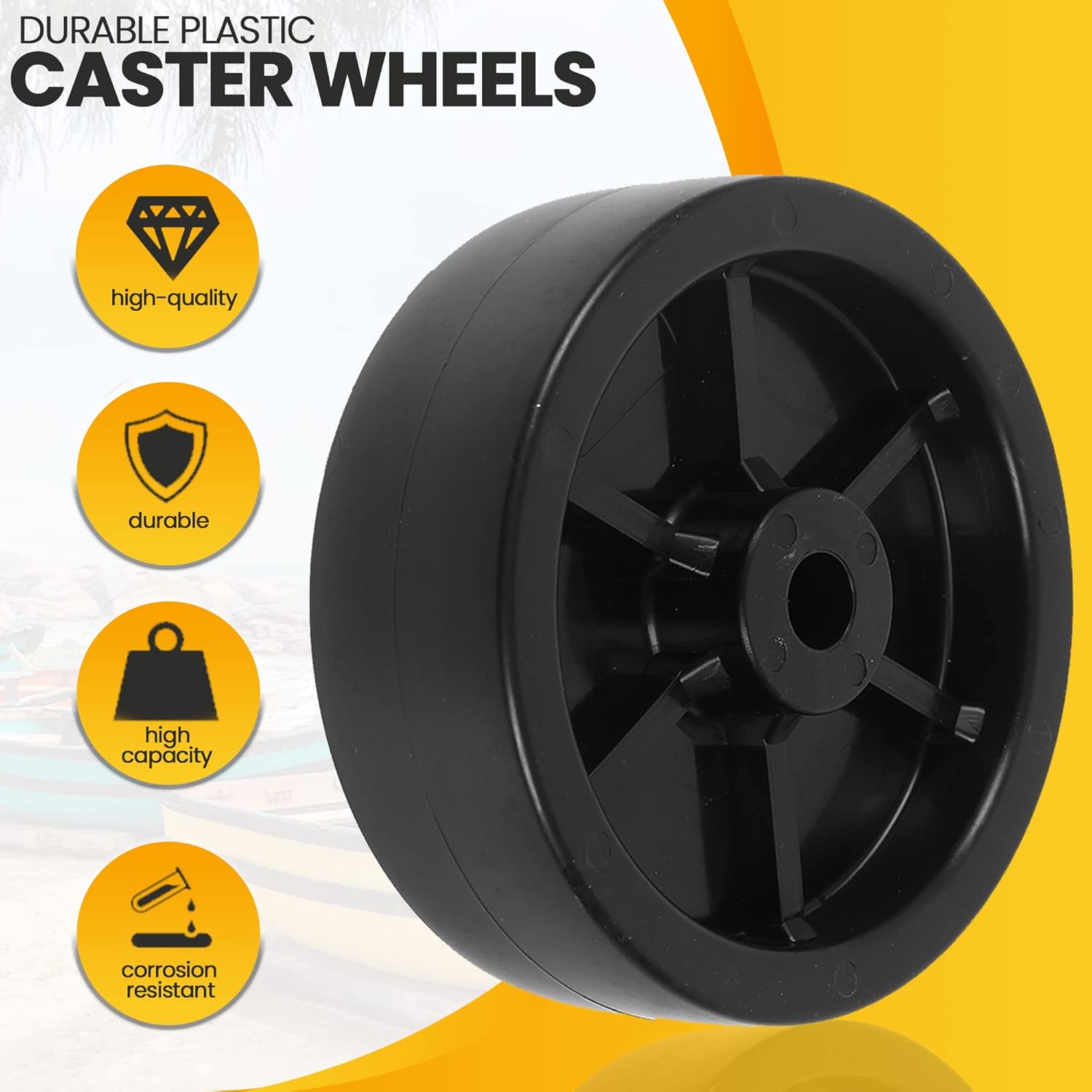 2-Pack 6-Inch Boat Trailer Jack Wheels - Universal Fit Black Plastic Caster Wheels - Includes All Mounting Hardware - Suitable for Boat Trailer Jacks with 1 or 2 Wheels