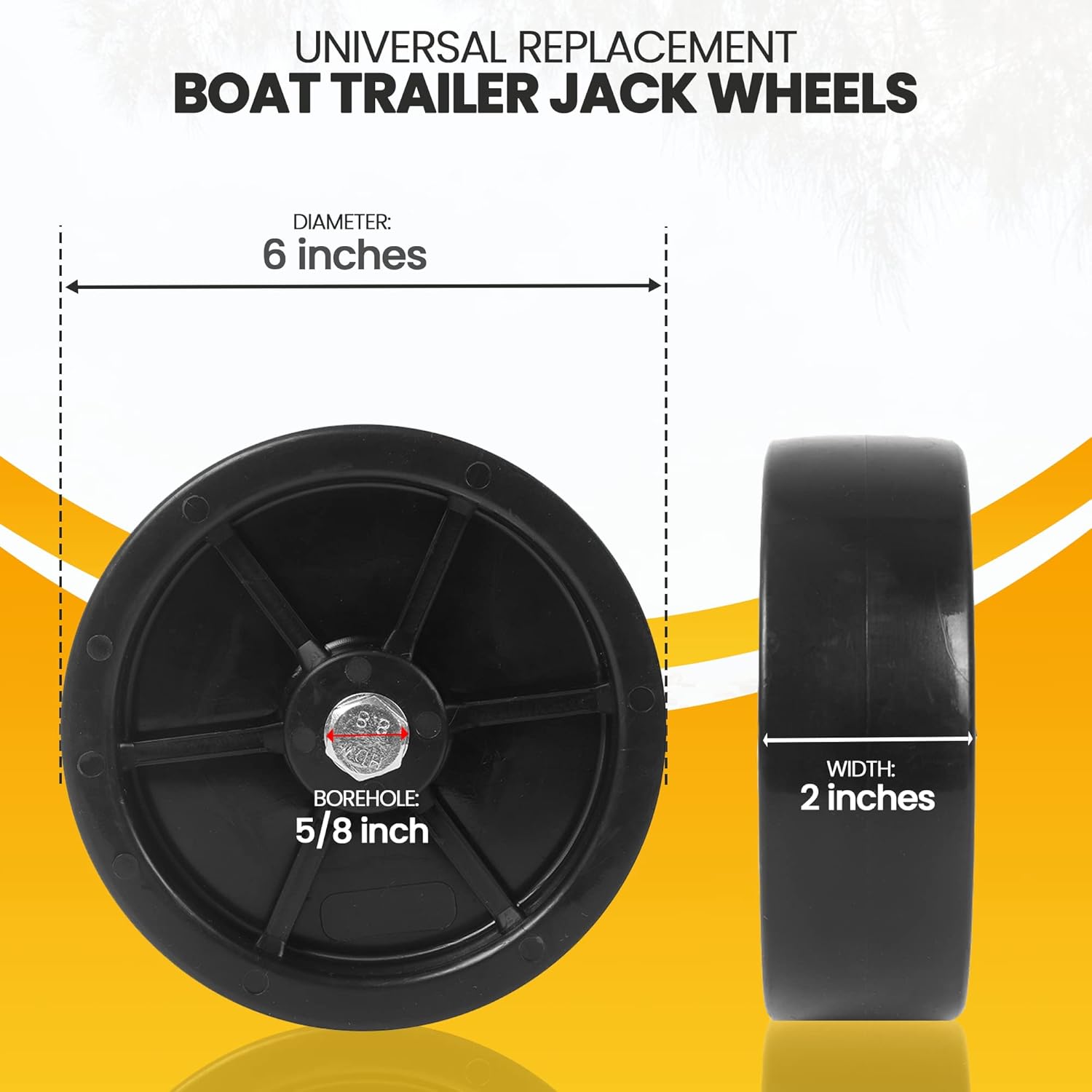 2-Pack 6-Inch Boat Trailer Jack Wheels - Universal Fit Black Plastic Caster Wheels - Includes All Mounting Hardware - Suitable for Boat Trailer Jacks with 1 or 2 Wheels