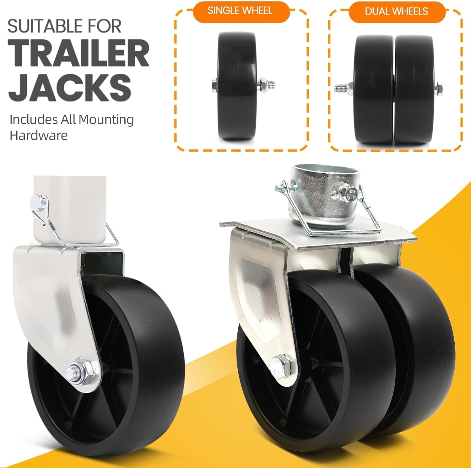 2-Pack 6-Inch Boat Trailer Jack Wheels - Universal Fit Black Plastic Caster Wheels - Includes All Mounting Hardware - Suitable for Boat Trailer Jacks with 1 or 2 Wheels