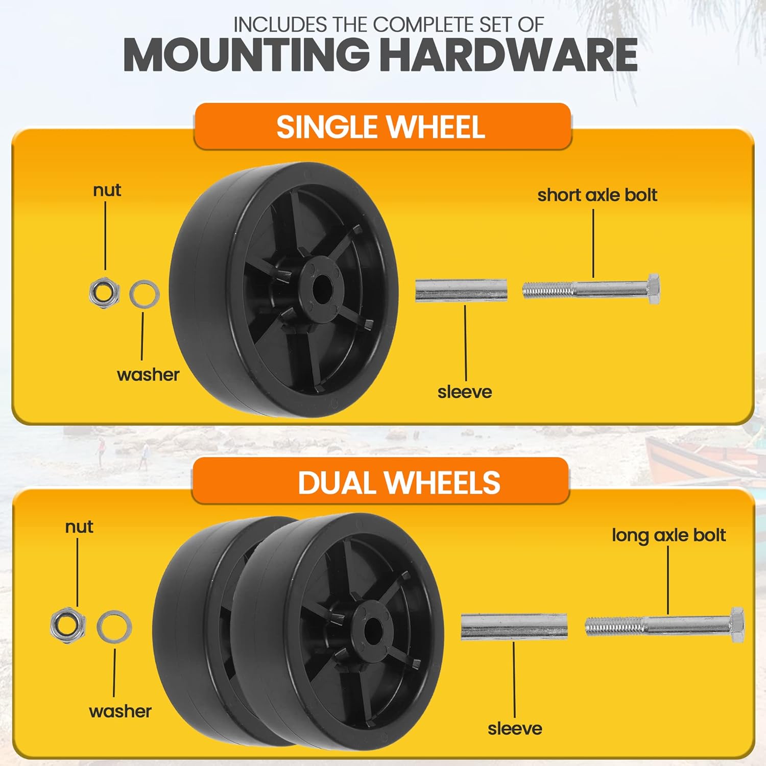 2-Pack 6-Inch Boat Trailer Jack Wheels - Universal Fit Black Plastic Caster Wheels - Includes All Mounting Hardware - Suitable for Boat Trailer Jacks with 1 or 2 Wheels