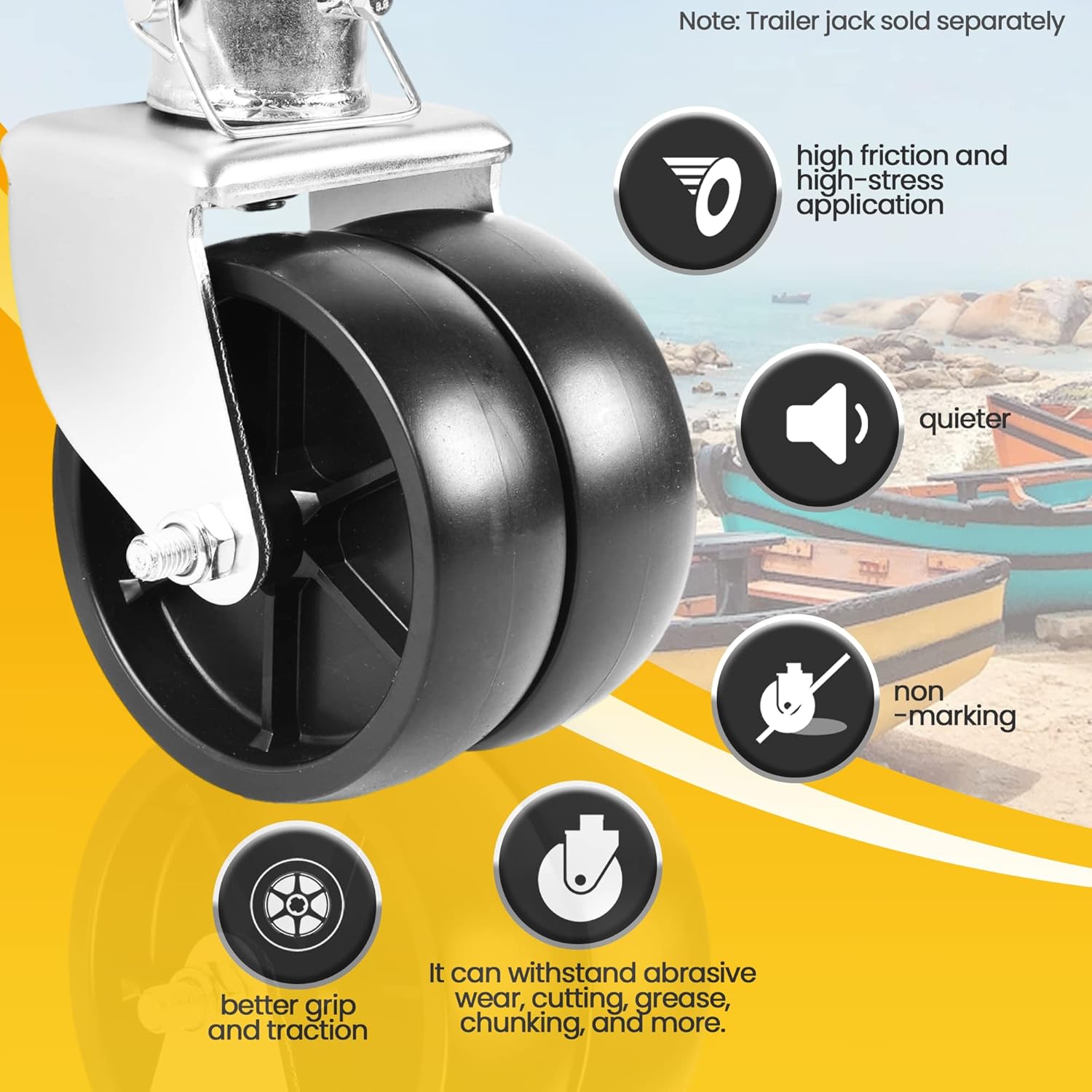 2-Pack 6-Inch Boat Trailer Jack Wheels - Universal Fit Black Plastic Caster Wheels - Includes All Mounting Hardware - Suitable for Boat Trailer Jacks with 1 or 2 Wheels