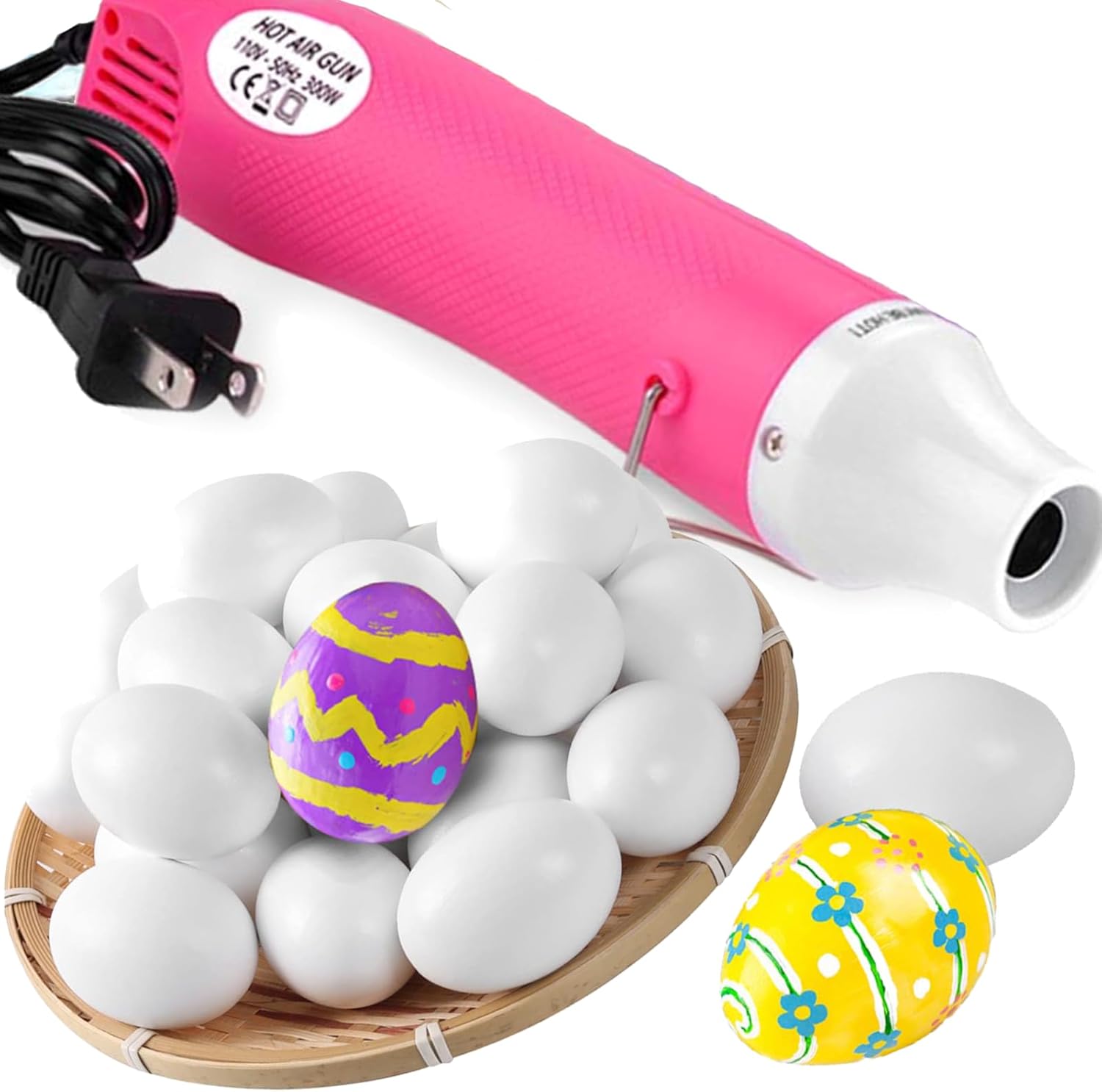 Pink Heat Gun for Crafts and 24-Pack Hyper-Realistic White Wooden Eggs for Painting