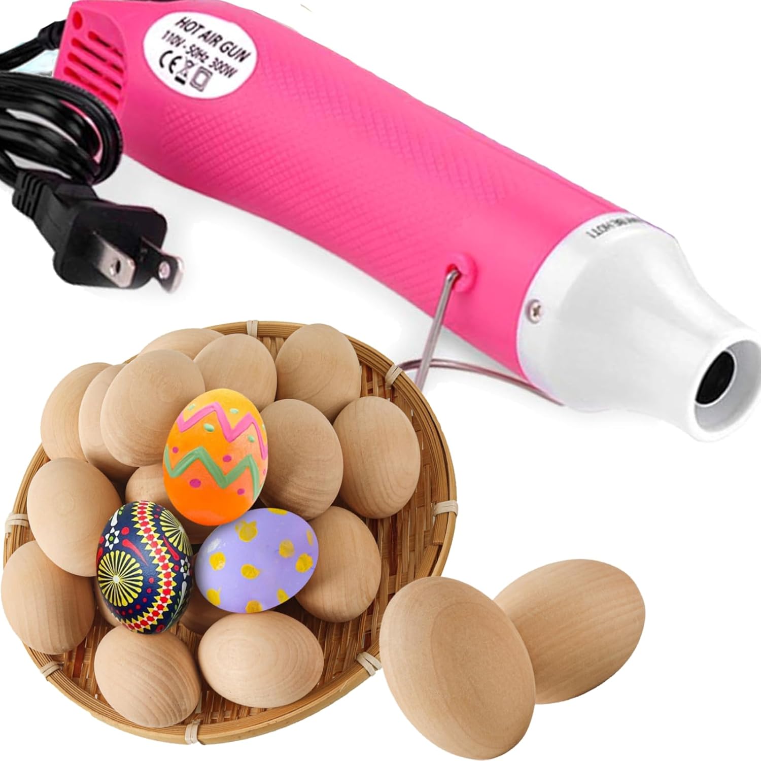 Pink Heat Gun for Crafts and 24-Pack Easter Eggs Life-Size Wooden Egg for Painting