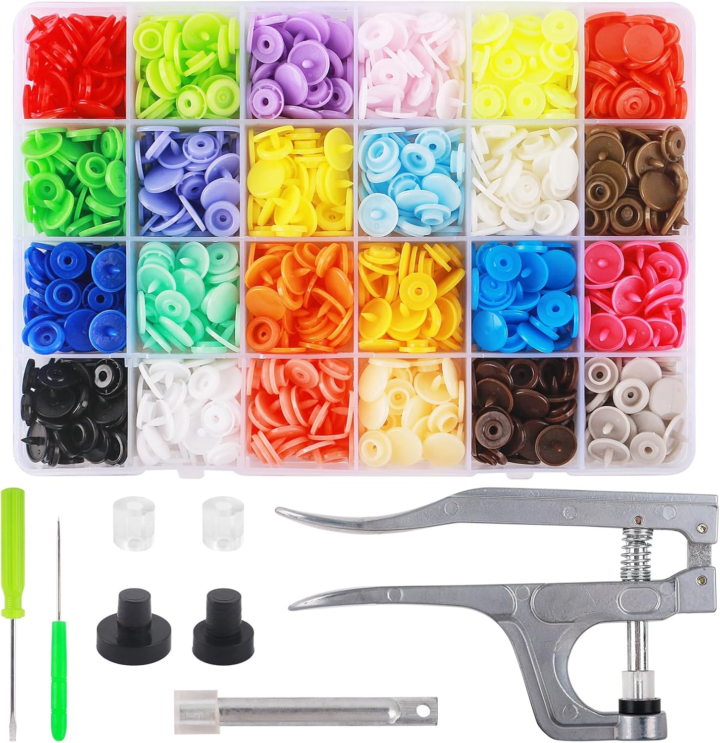 Snap Button Kit with Snaps Pliers, 240 Sets Plastic Snaps for Fabric, T5 Snap Buttons and Snappliers Set Starter Fastener Tool Kit for Sewing Clothing DIY Crafting 24 Colors