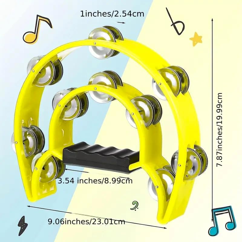 Double Row Tambourine, Half-Moon Musical Tambourine Hand Held for Kids, Adults, Party, KTV 4 colors 9 inch, Pack of 4