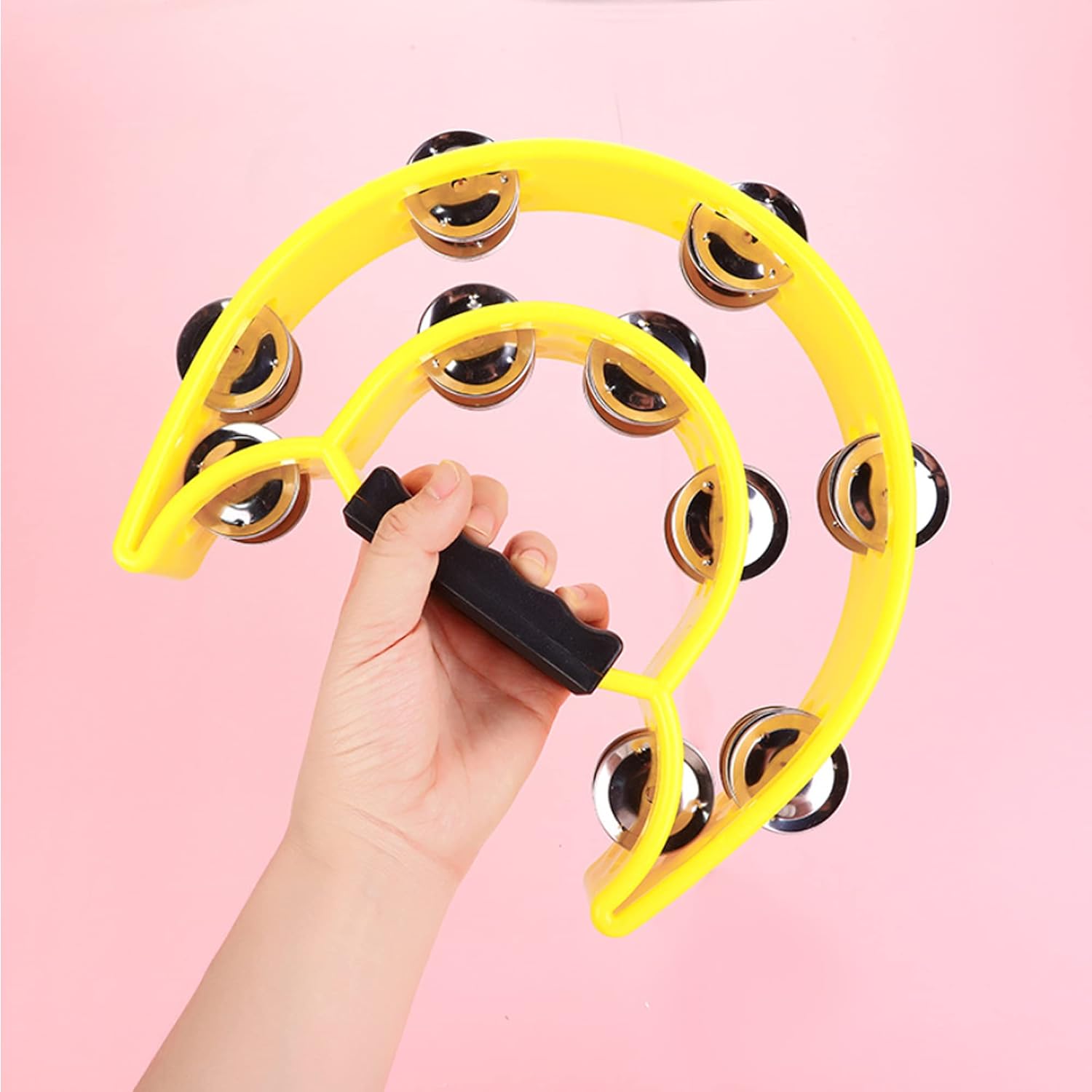 Double Row Tambourine, Half-Moon Musical Tambourine Hand Held for Kids, Adults, Party, KTV 4 colors 9 inch, Pack of 4