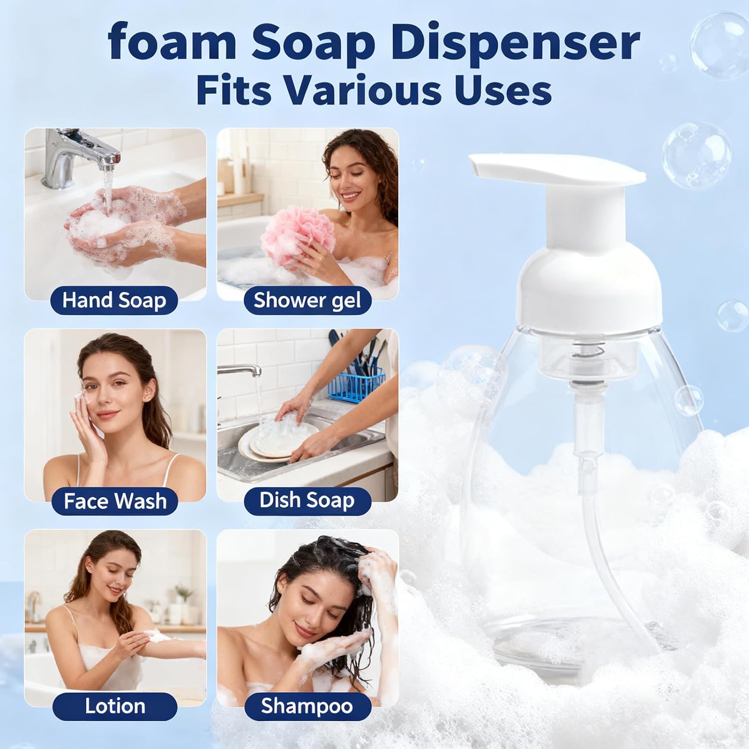 2-Pack Foaming Soap Dispenser Pump Bottles,Foam Hand Soap Dispenser with Refillable Plastic Container for Shampoo for Bathroom & Kitchen-Clear,8 oz 250ml