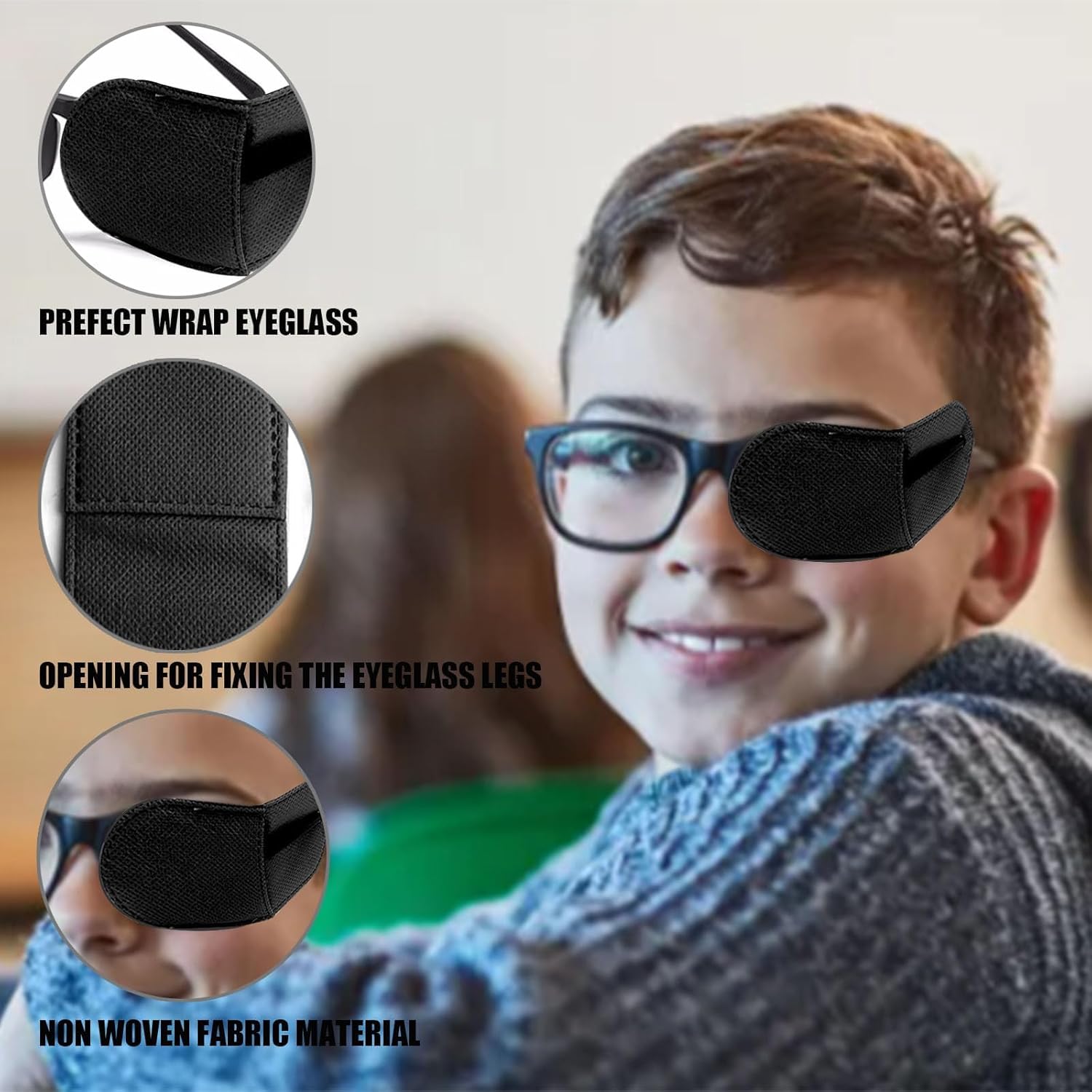 Eye Patches for Glasses,6 Pcs Medical Eye Patch for Adults and Kids Non-Woven Fabric Eye Patches to Cover Left or Right Eye Strengthen Vision and Improve Amblyopia,Lazy Eye Black,Large Size