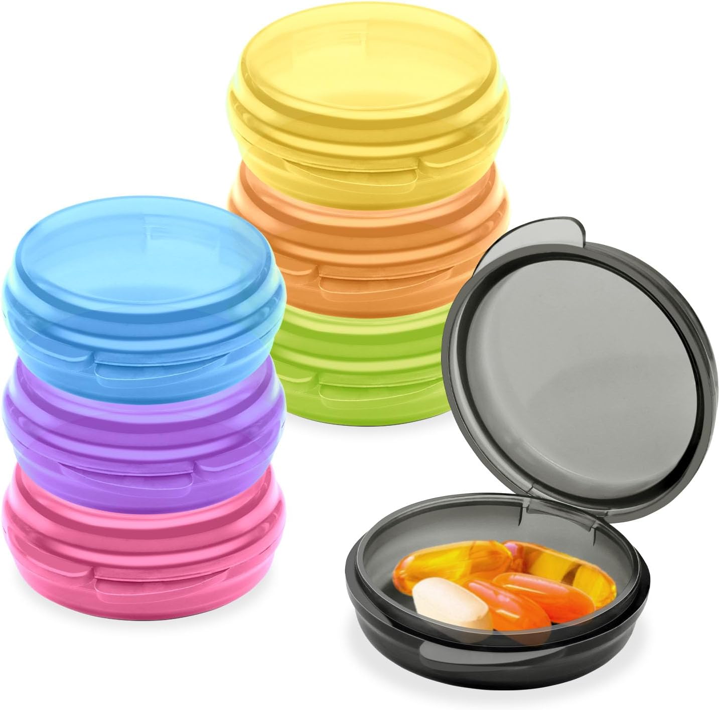 7Pcs Small Pill Box,Daily Pill Organizer Portable Travel Pill Box for Purse Pocket Mini Medicine Storage Container for Storing Fish Oil,Pills,and Vitamin Tablets 7 Colors