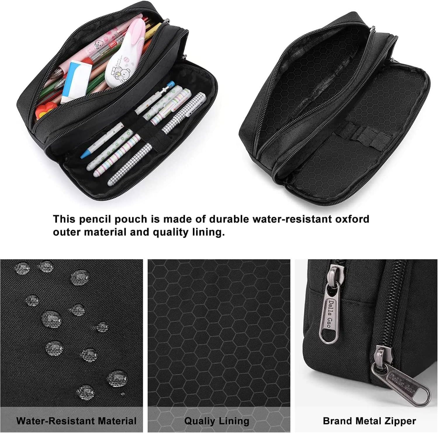 Della Gao Pencil Case Large Capacity Pencil Pouch Aesthetic Pencil Box for Office Stationery Organizer, Simple Sturdy Multifunctional Pencil Bag for Men - Black