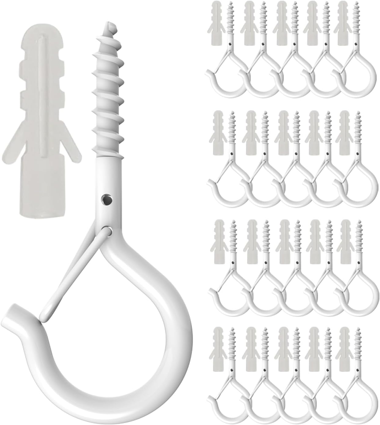 20 Pack Q Hanger Hooks with Safety Buckle, Rustproof Screw Hooks for Hanging String Lights, Bird Feeder, Plants, Wind Chimes & Holiday Decorations, Holds Up to 40 lbs 2.2" White Vinyl Coated