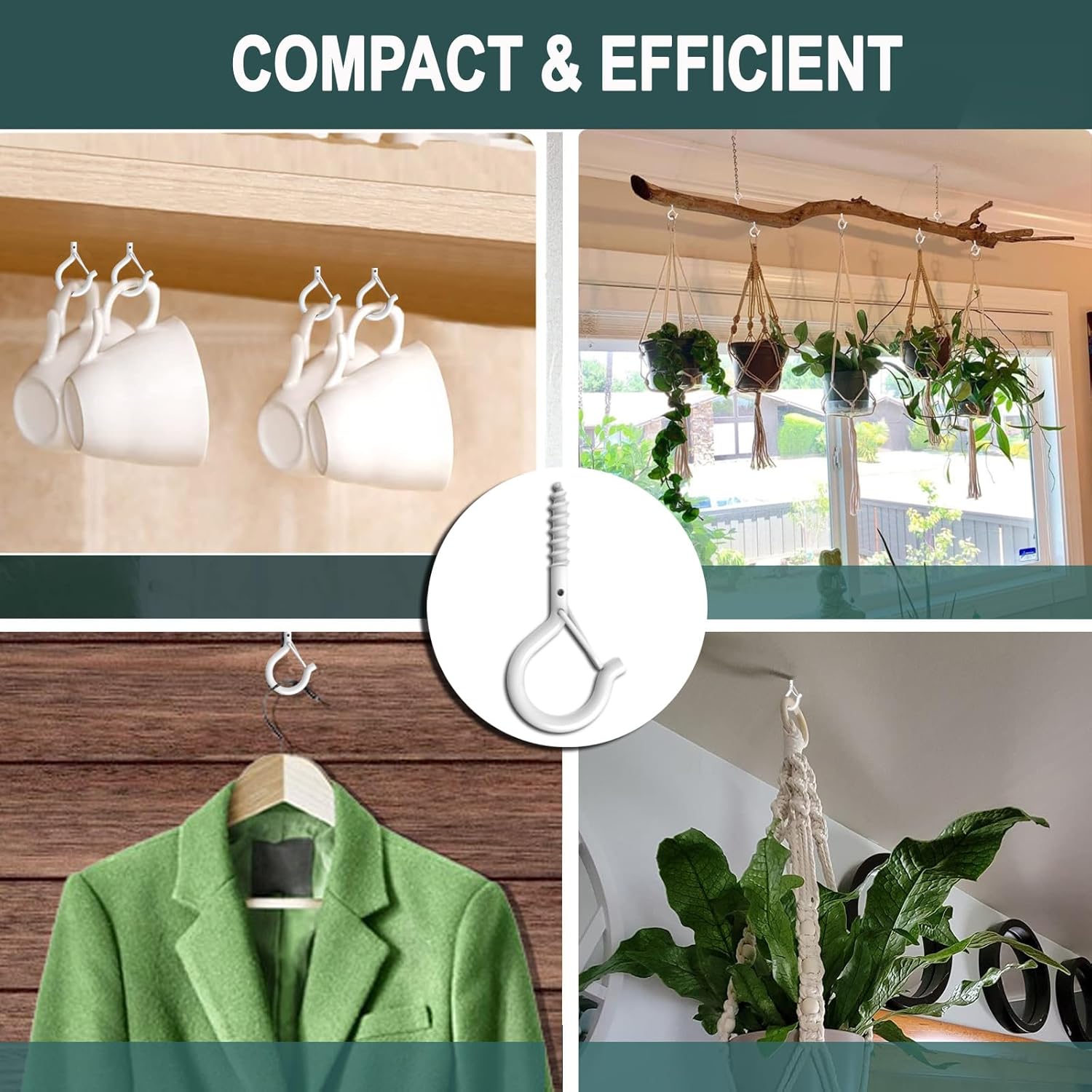 20 Pack Q Hanger Hooks with Safety Buckle, Rustproof Screw Hooks for Hanging String Lights, Bird Feeder, Plants, Wind Chimes & Holiday Decorations, Holds Up to 40 lbs 2.2" White Vinyl Coated