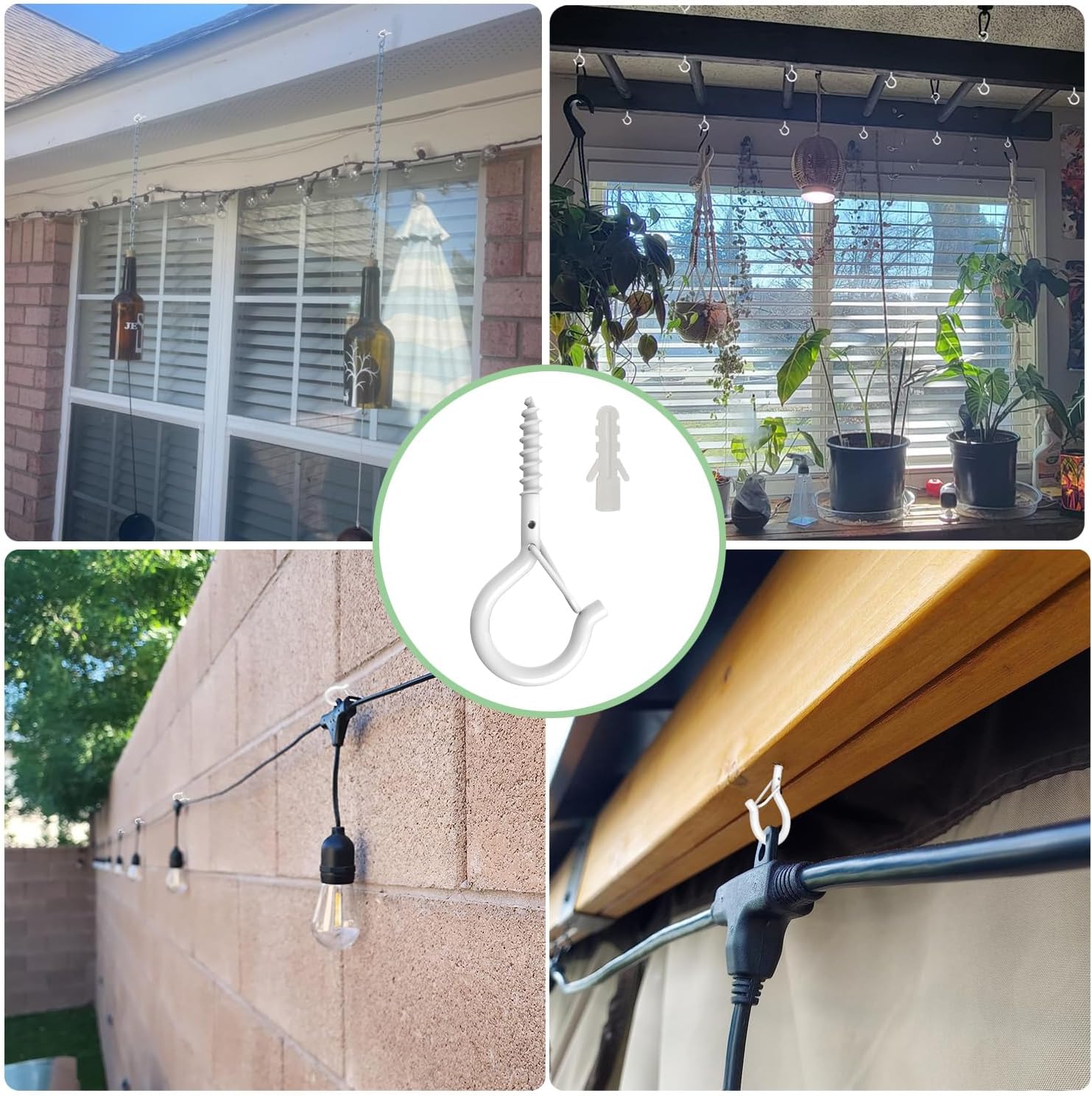 20 Pack Q Hanger Hooks with Safety Buckle, Rustproof Screw Hooks for Hanging String Lights, Bird Feeder, Plants, Wind Chimes & Holiday Decorations, Holds Up to 40 lbs 2.2" White Vinyl Coated