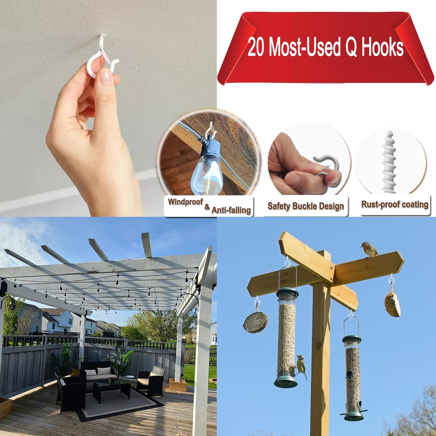 20 Pack Q Hanger Hooks with Safety Buckle, Rustproof Screw Hooks for Hanging String Lights, Bird Feeder, Plants, Wind Chimes & Holiday Decorations, Holds Up to 40 lbs 2.2" White Vinyl Coated