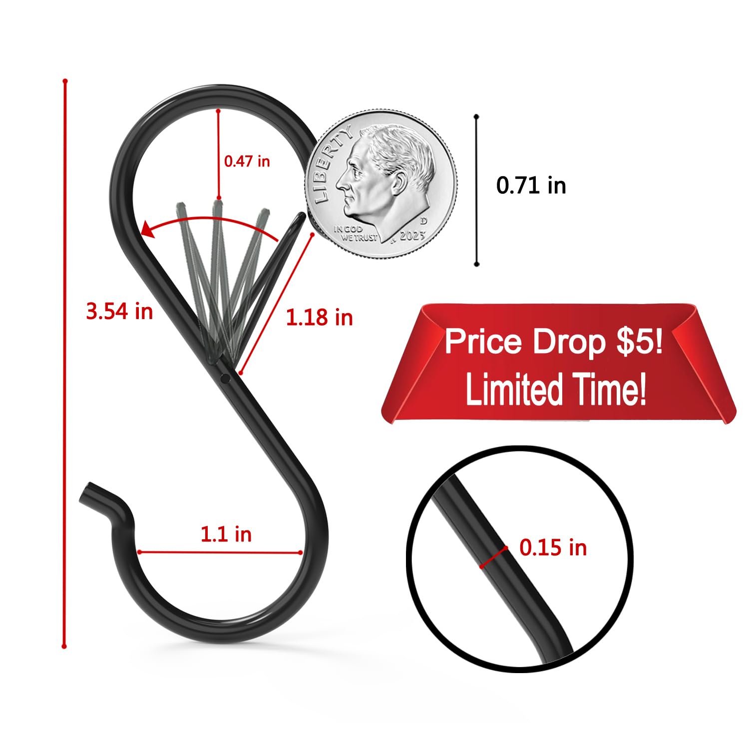12 Pack Heavy Duty Metal 3.5" S Hooks with Safety Buckle for Hanging Kitchen Utensils/Plants/Pots & Pans/Clothes, Hats