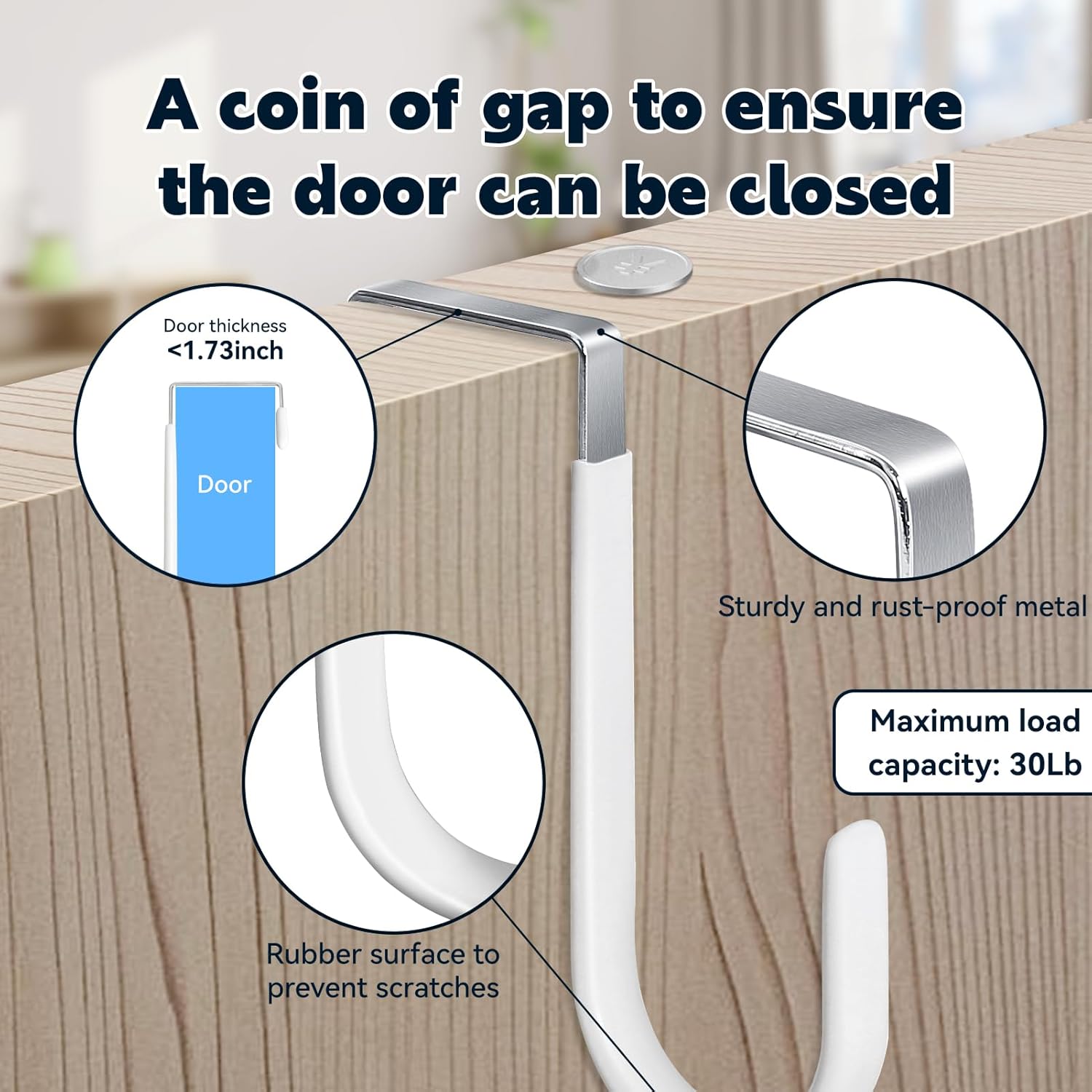 HOOSUN 4 Pack Over The Door Hooks,5 in Hooks for Hanging Heavy Duty Door Hanger,Towel Hanger Hook Holders,Over Door Hangers Hooks Door Hanger Hooks for Hanging Clothes,Towels,Hats,Coats,Bags White