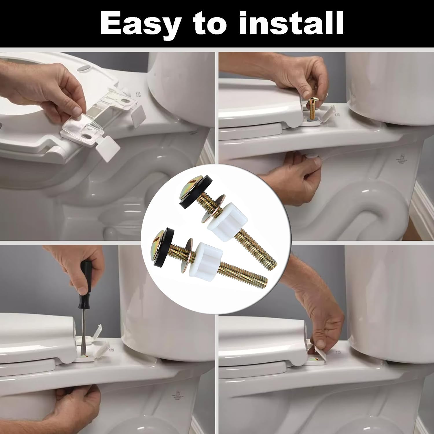 2 PCS Toilet Seat Screws Replacement Kit, Heavy Duty Toilet Seat Fastener with Plastic Nut and Metal and Rubber Washers, Universal Toilet Seat Bolt and Screw Set for Top Mount Toilet Seat Hinge