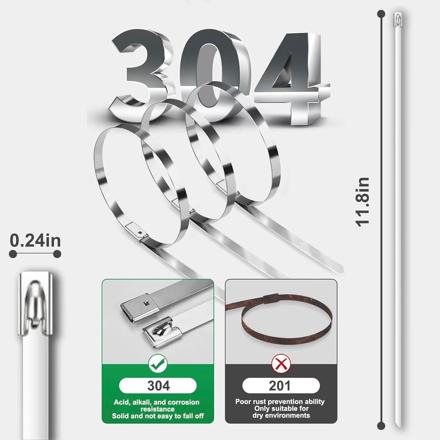 100-Pack Metal Zip Ties 11.8 inch, Heavy Duty 304 Stainless Steel Self-Locking Cable Ties for Outdoor Use, Multifunctional Cable Ties for Exhaust Wrap, Chain Link Fence Parts, Farms, Pipes