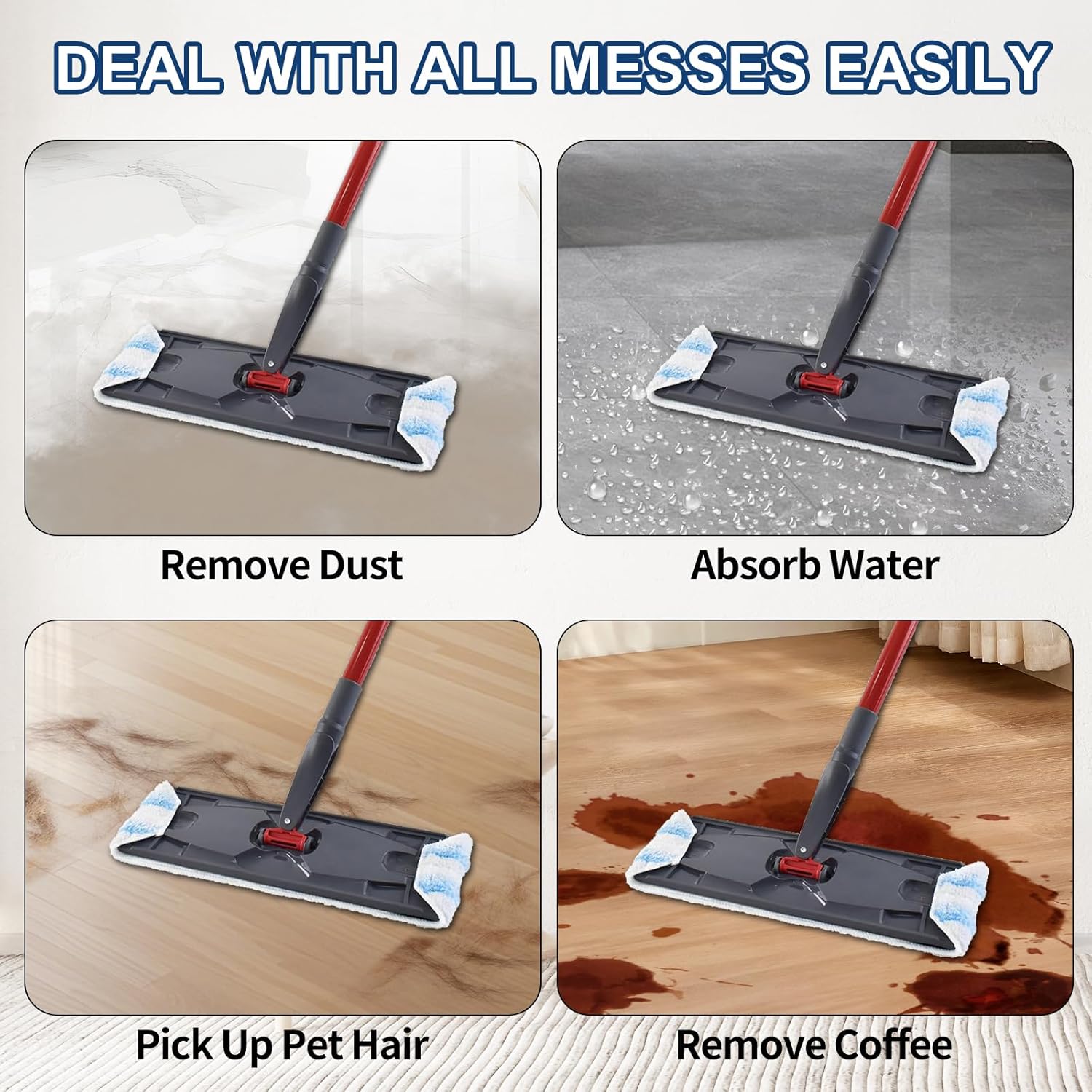 H2prO Mop Pads Replacements Compatible with Flat Mop System, Replace Mop Heads for Mop, Machine Washable Reusable Microfiber Pad Refills for Floor Cleaning 4 Pack