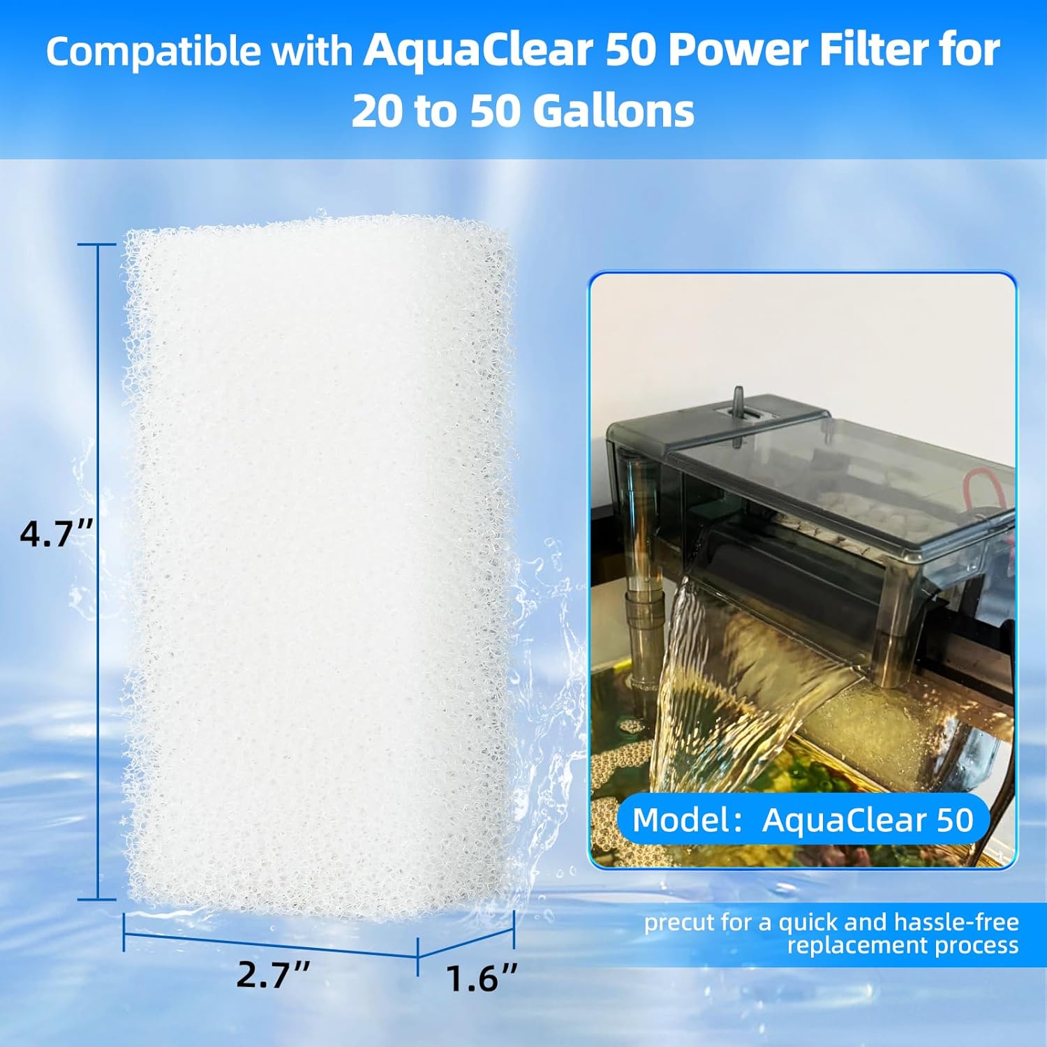6-Pack Replacement Filter Sponge Pads, Aquarium Foam Insert Compatible with AquaClear 50, Fish Tank Filter Media