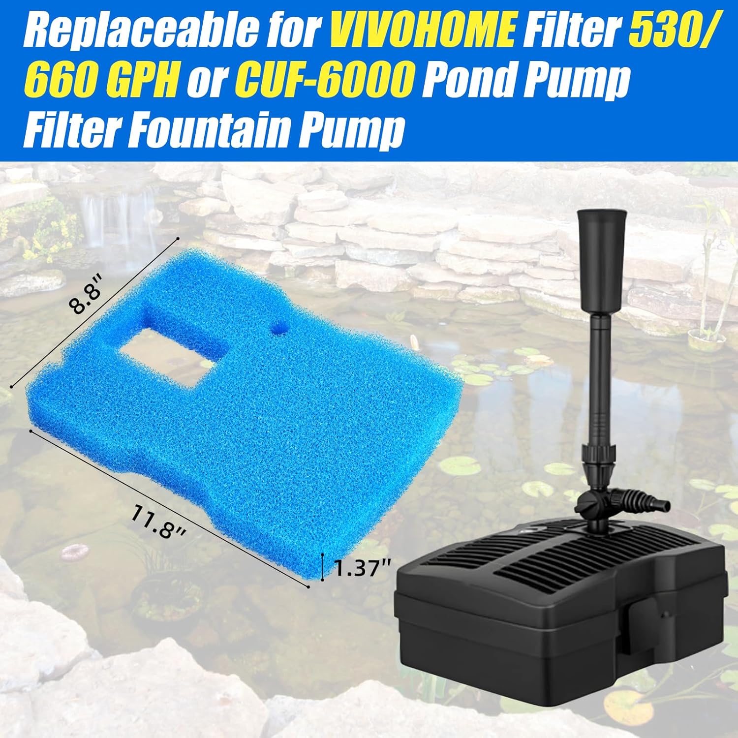Replacement Sponge Filter Pad Compatible with VIVOHOME 530/660 GPH or CUF-6000 Pond Filter Pump Fountain 1pcs