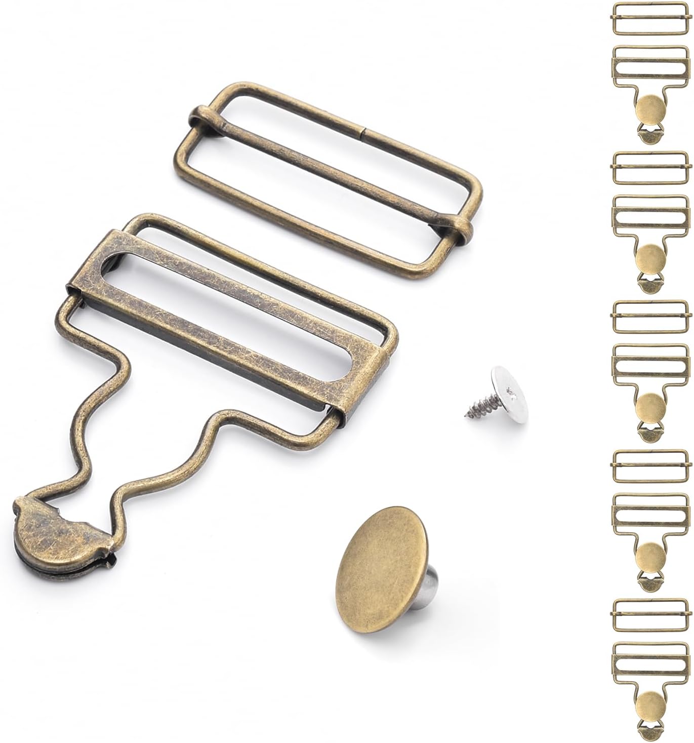 CooBigo 6 Sets Metal Overalls Buckles, 1-1/2" Overall Replacement Clasp Clips with Adjustable Tri Glide Slide Buckle and Buttons for Jeans Suspender, Bib Pants DIY Sewing Accessories Bronze