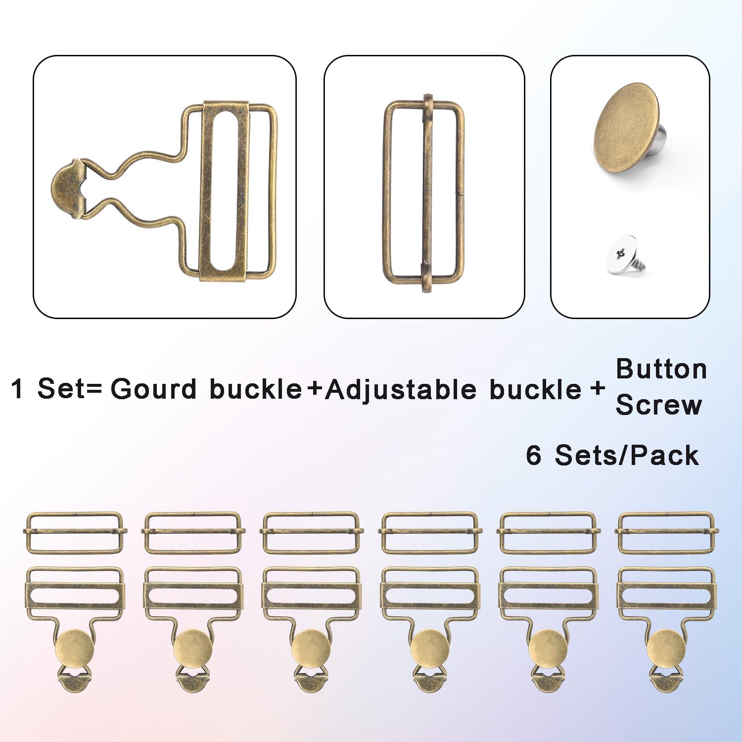 CooBigo 6 Sets Metal Overalls Buckles, 1-1/2" Overall Replacement Clasp Clips with Adjustable Tri Glide Slide Buckle and Buttons for Jeans Suspender, Bib Pants DIY Sewing Accessories Bronze