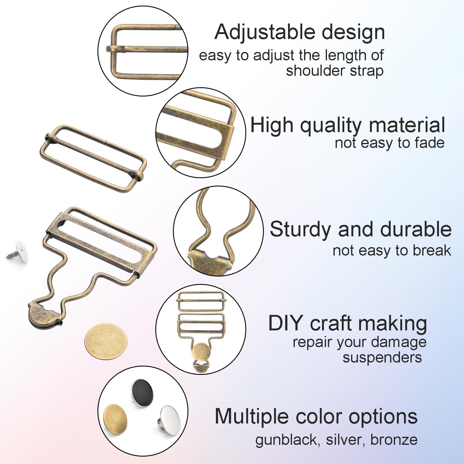 CooBigo 6 Sets Metal Overalls Buckles, 1-1/2" Overall Replacement Clasp Clips with Adjustable Tri Glide Slide Buckle and Buttons for Jeans Suspender, Bib Pants DIY Sewing Accessories Bronze