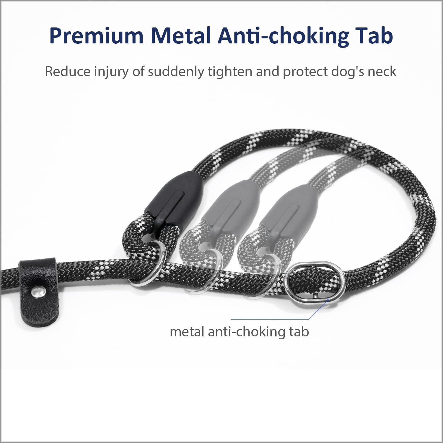 Dog Training Slip Leash, No Pull, Durable Reflective Lead, Puppy Heavy Duty Loop Rope, Comfortable Handle, 6 ft, 3/8 inch, diam. Black/White