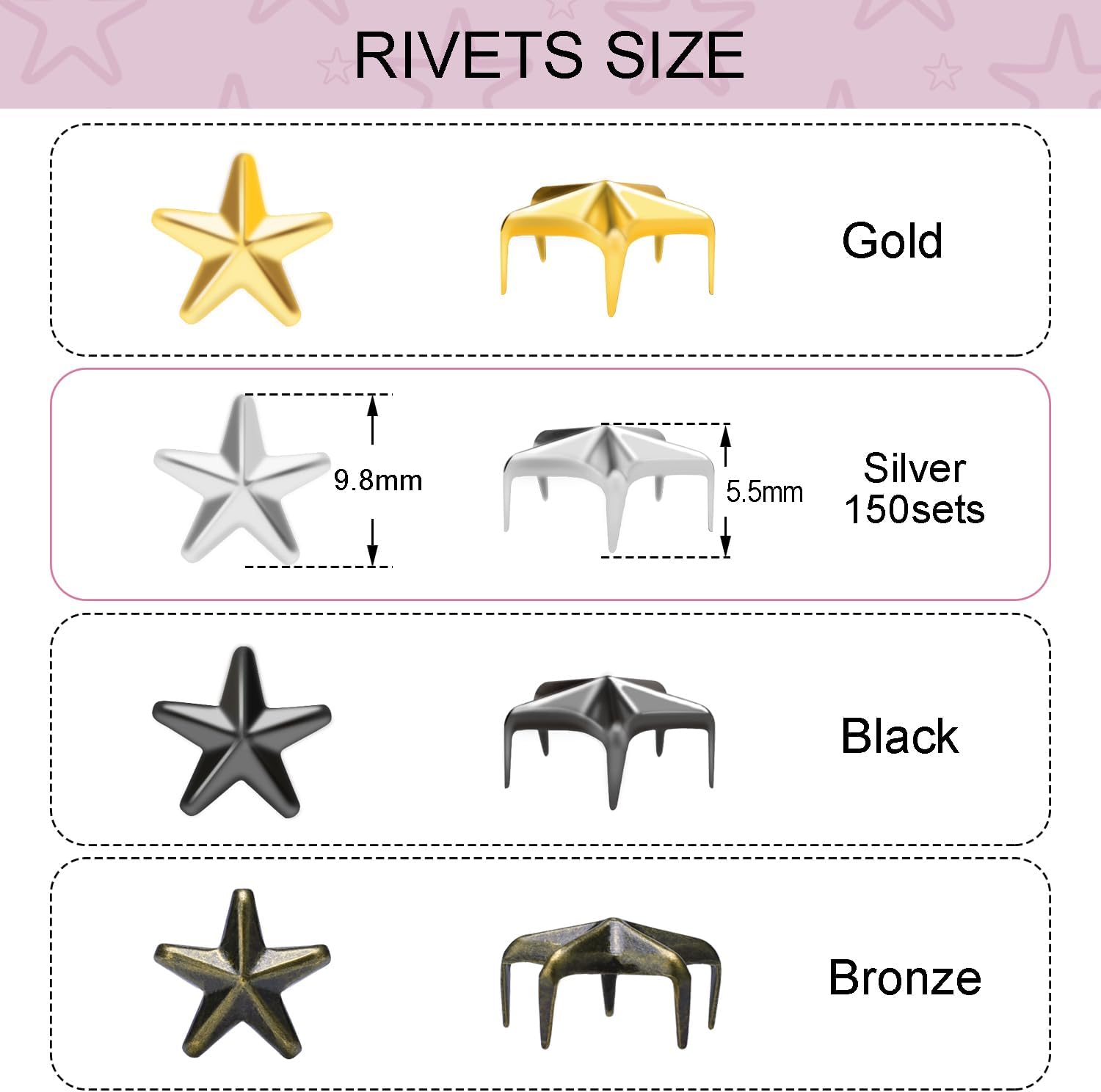 CooBigo 150Pack 10mm Studs for Clothing, Small Star Nailheads Rivets Metal Rivets Spike Stud Leather Claw Rivets for Clothing Belt Bag Shoes Cap Wrist Bracelet Pet Collars DIY Leathercraft Sliver