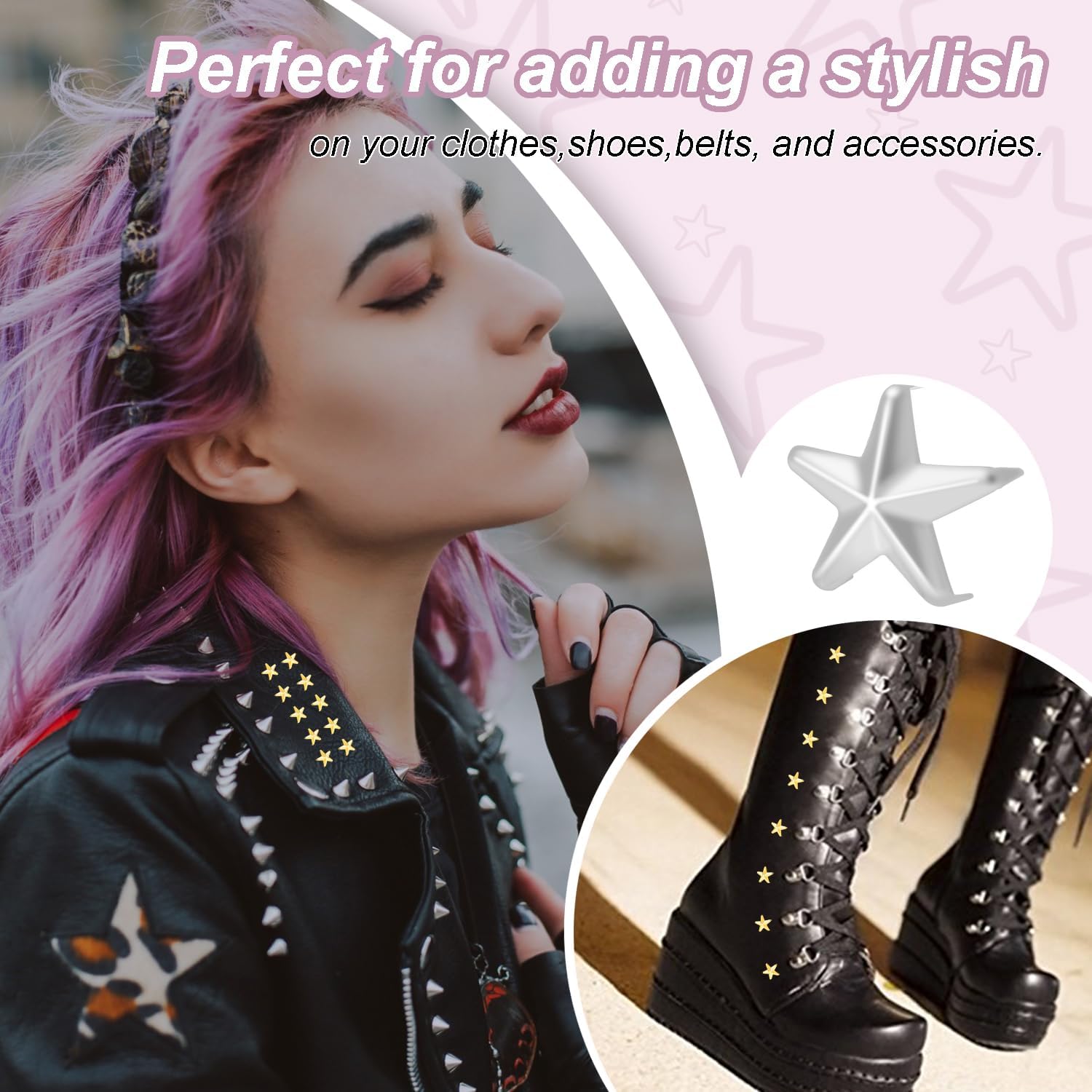 CooBigo 150Pack 10mm Studs for Clothing, Small Star Nailheads Rivets Metal Rivets Spike Stud Leather Claw Rivets for Clothing Belt Bag Shoes Cap Wrist Bracelet Pet Collars DIY Leathercraft Sliver