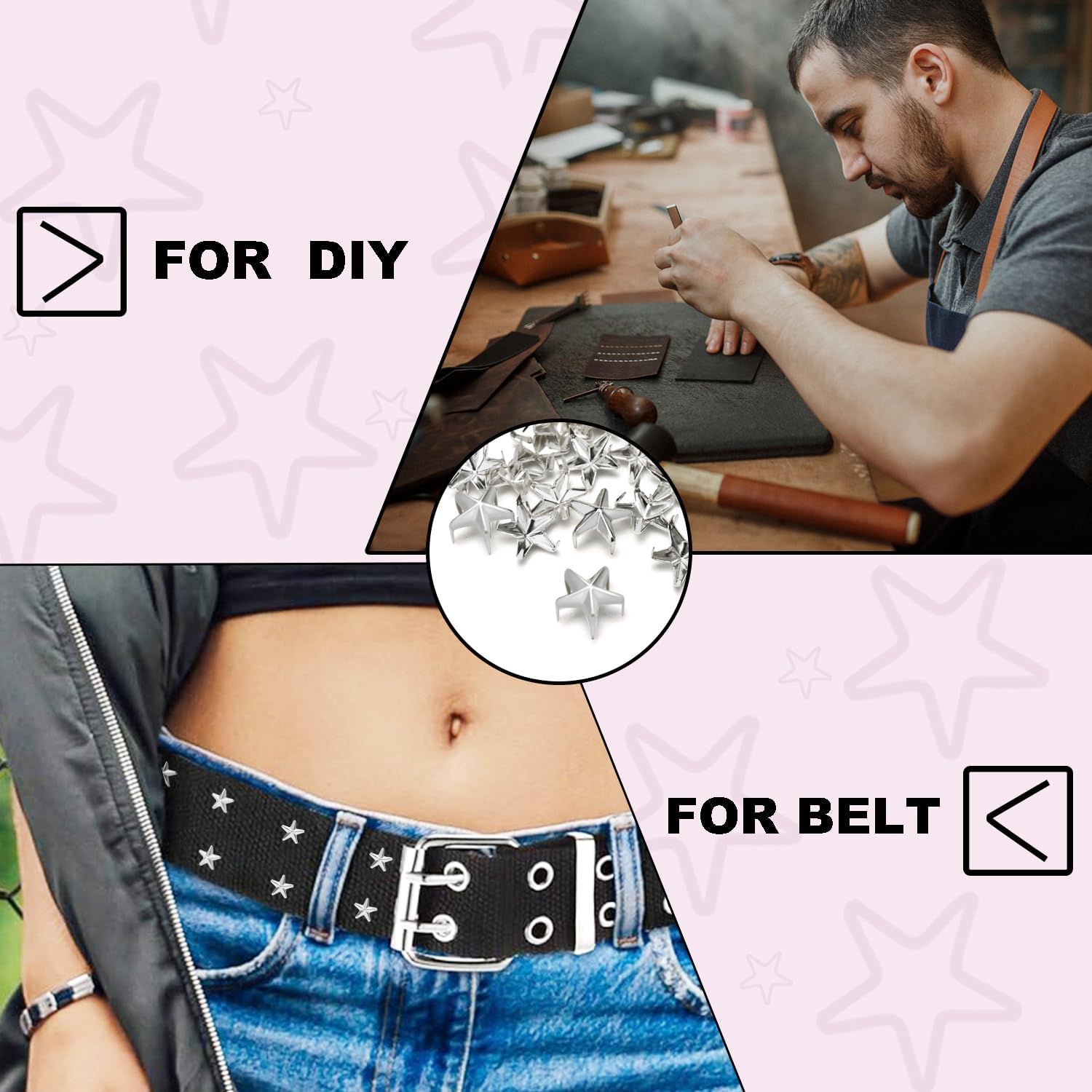 CooBigo 150Pack 10mm Studs for Clothing, Small Star Nailheads Rivets Metal Rivets Spike Stud Leather Claw Rivets for Clothing Belt Bag Shoes Cap Wrist Bracelet Pet Collars DIY Leathercraft Sliver