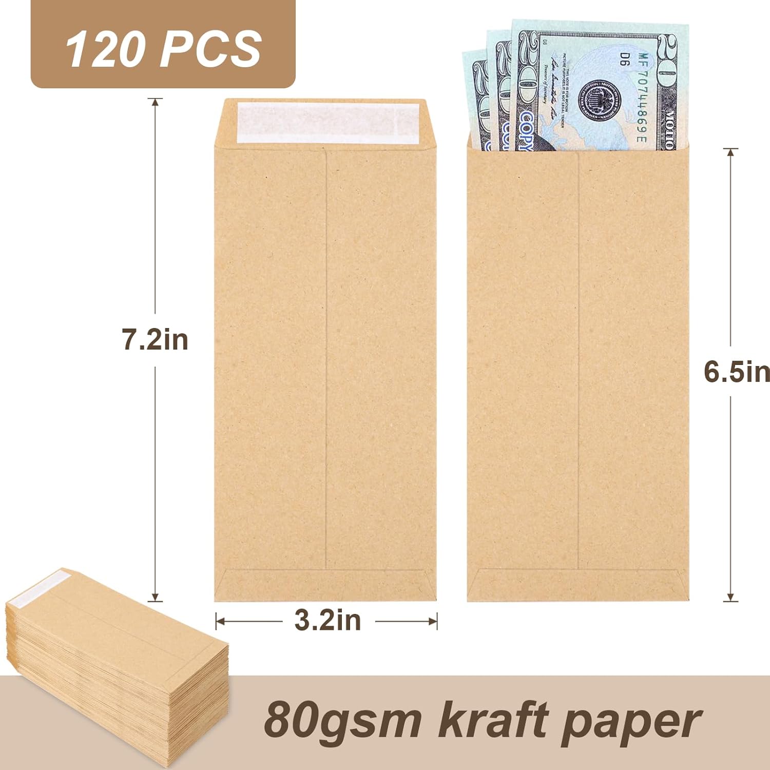 120 PCS Money Envelopes for Cash Kraft Paper, 6.5”x3.2” Small Cash Envelopes for Self-Adhesive, Money Saving Challenge Coin Envelopes for Coin, Check, Budget, Small Item Organizer