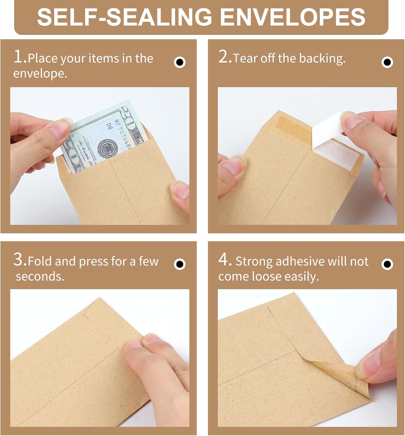 120 PCS Money Envelopes for Cash Kraft Paper, 6.5”x3.2” Small Cash Envelopes for Self-Adhesive, Money Saving Challenge Coin Envelopes for Coin, Check, Budget, Small Item Organizer
