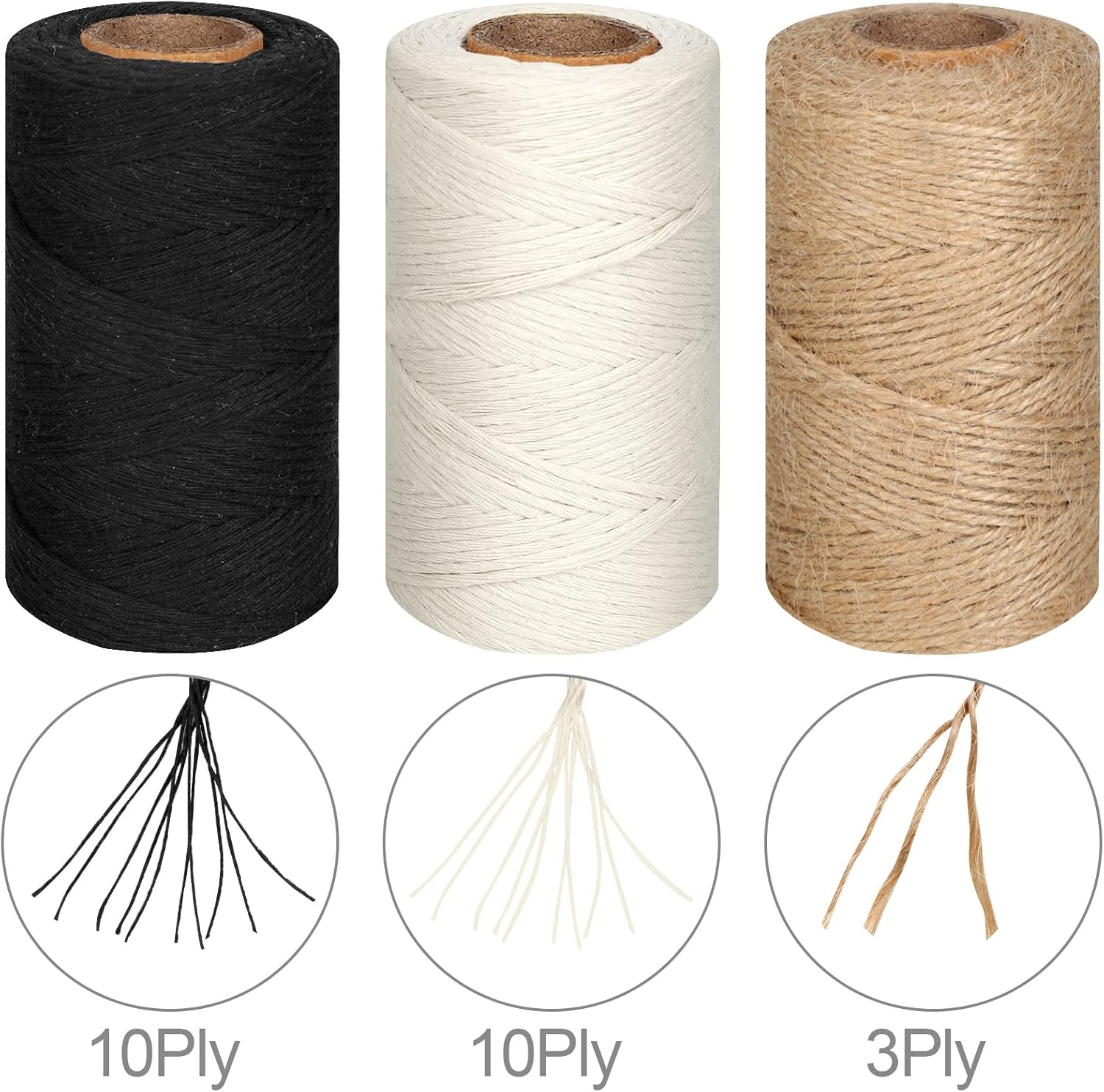 984 Ft Twine String, Natural Jute Twine, 2mm White Cotton Rope, 10ply Black Cotton for Crafts, Art, Gardening Plants, Gift Wrapping, Decoration, Packing String Bulk 3 Rolls