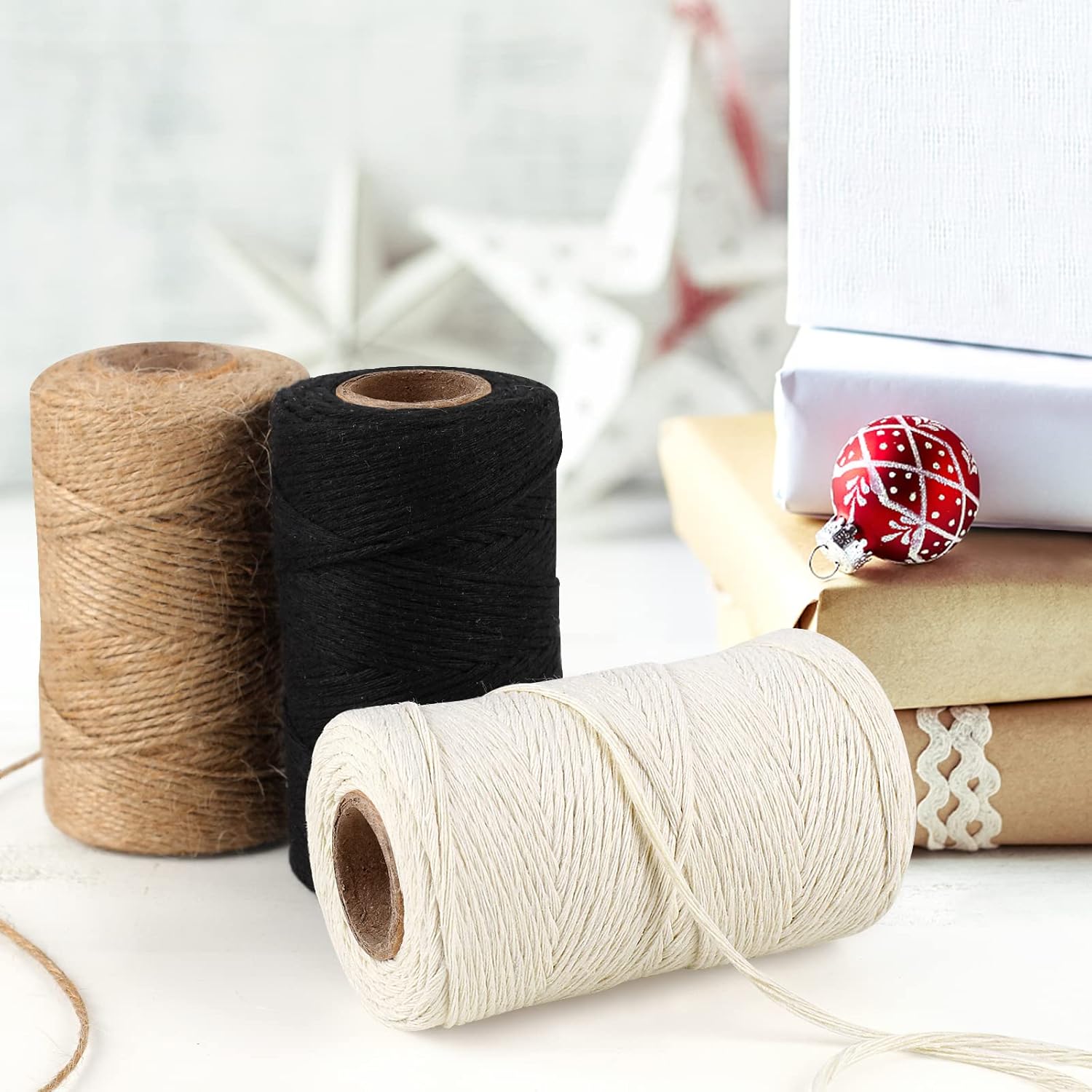 984 Ft Twine String, Natural Jute Twine, 2mm White Cotton Rope, 10ply Black Cotton for Crafts, Art, Gardening Plants, Gift Wrapping, Decoration, Packing String Bulk 3 Rolls