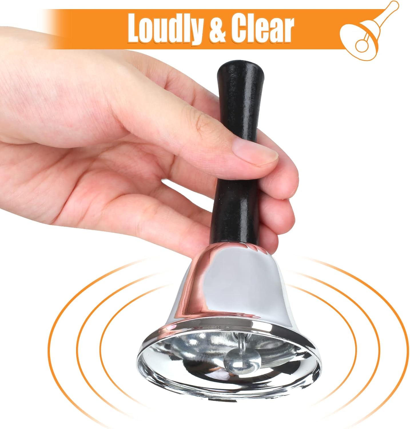 2 Pack Hand Bell, Silver Steel Bell, Ringing Bell with Handle, Dinner Bells for Inside Classroom Bell, for Food Line, Alarm, Jingles, Ringing Silver