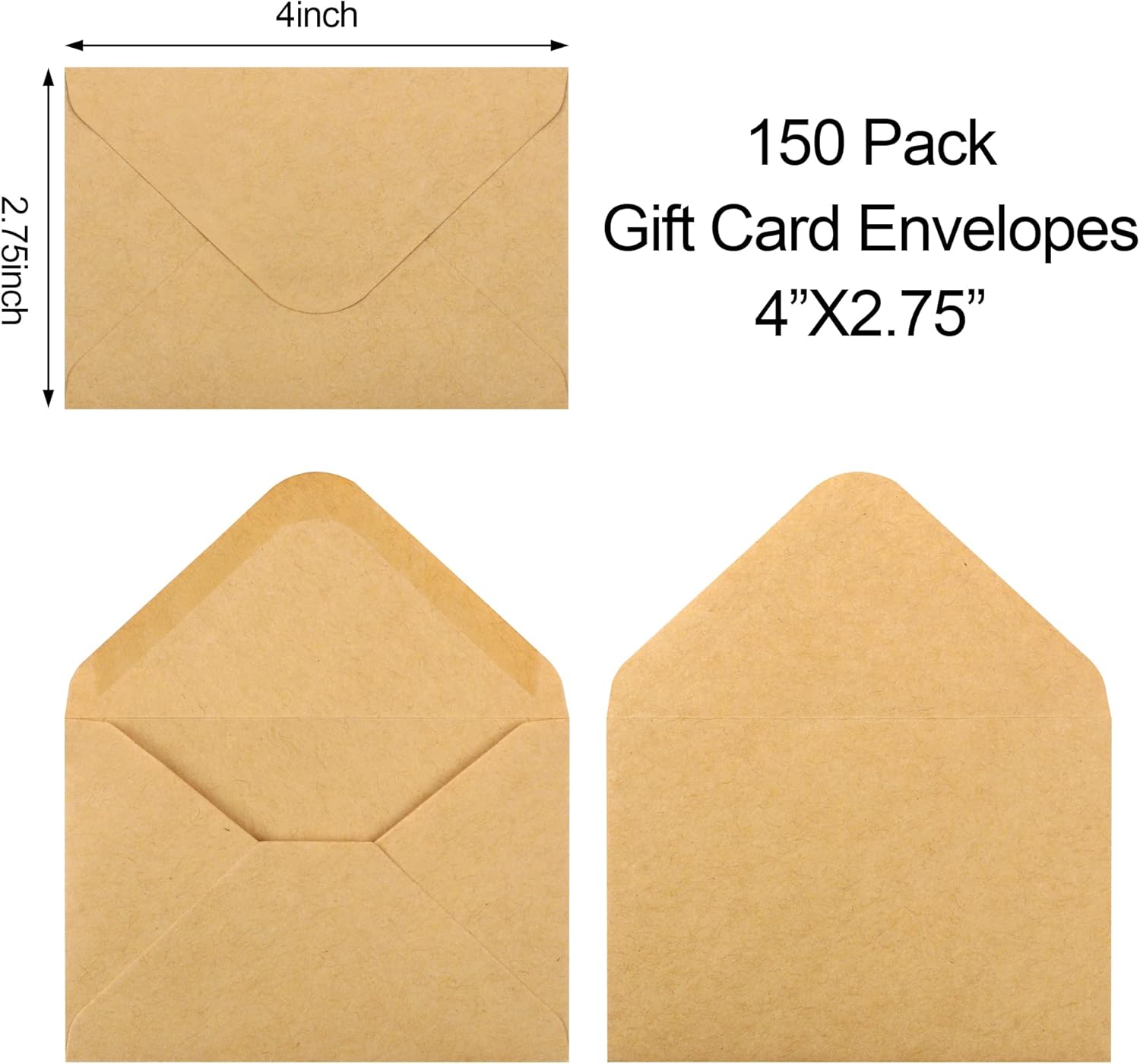 150 Pack Gift Card Envelopes, 4" x 2.75" Mini Envelopes, Brown Kraft Biness Card Envelopes, Small Envelopes for Holidays, Weddings, Baby Showers, Birthdays Banquets