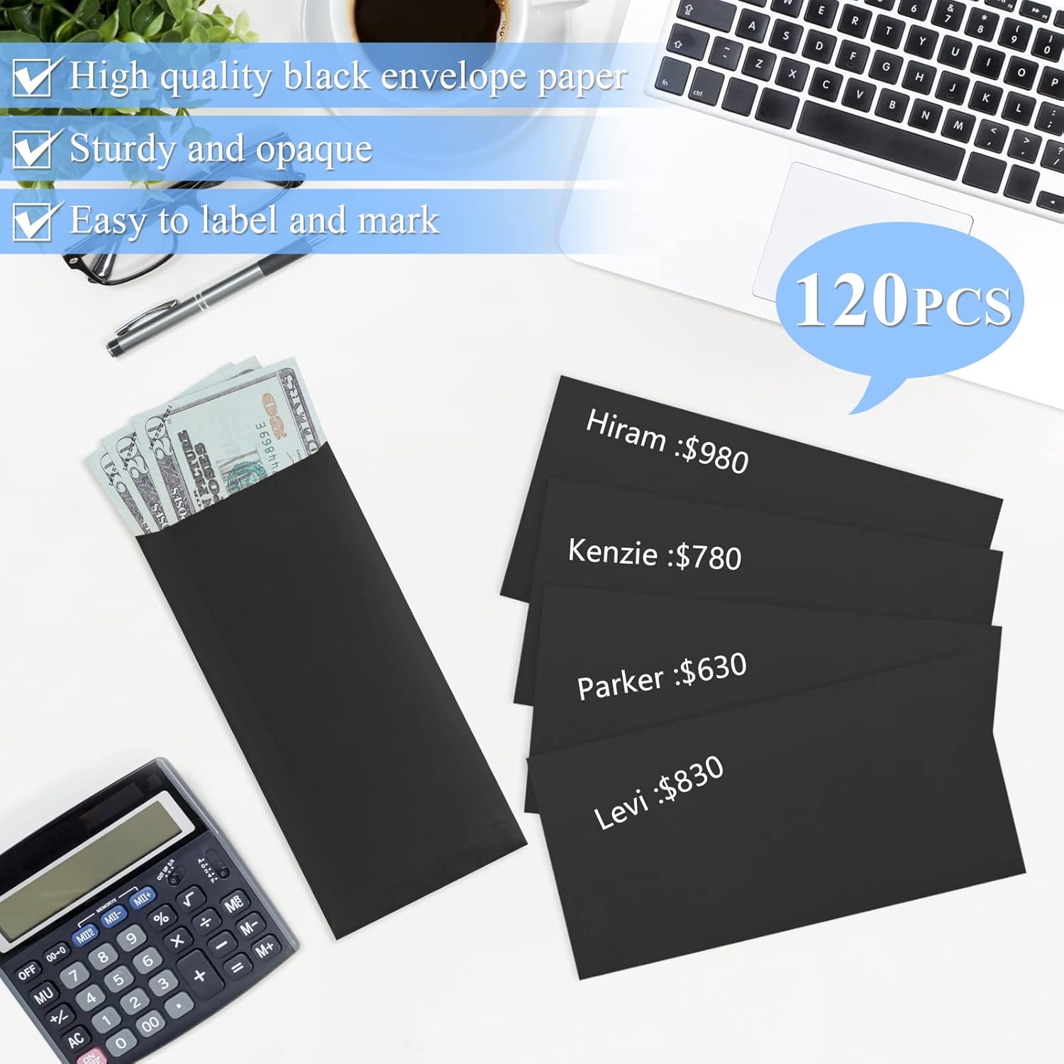 BON++ Envelope Set - 120 Envelopes for Cash, Checks, & Tickets; 80GSM, 3.2x6.6 inch Black Envelopes - Perfect for Cash Challenge Savers