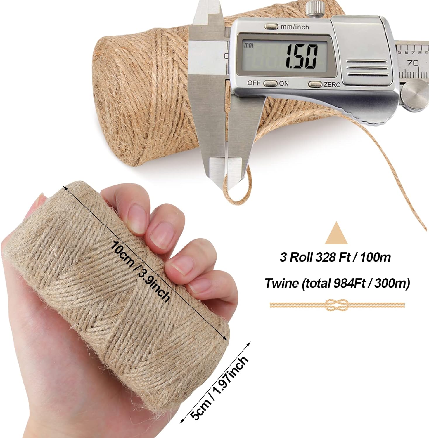 984 FT Natural Jute Twine, 3ply Thin Ribbon Hemp Twine for Gardening, Plant, Gift Wrapping, Art, Wedding Decoration, Packing, Bulk 3 Roll