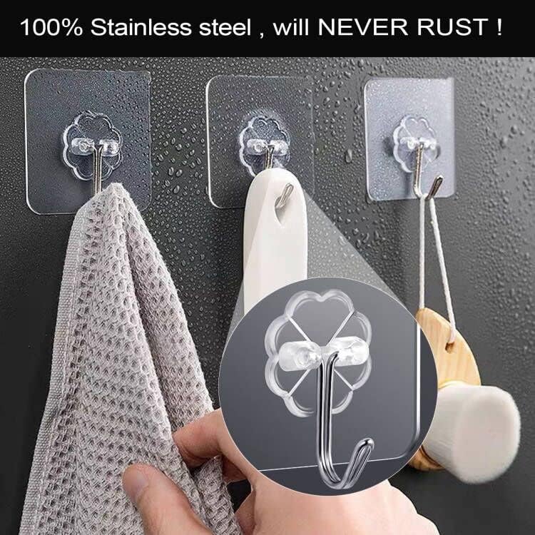 Adhesive Wall Hooks for Hanging, 16 Pack Self Sticky Hooks Heavy Duty 22lb Clear, Removable Shower Hook No Damage for Towel Key Coat Wreath Picture Outdoor Ceiling Bathroom Kitchen, Waterproof