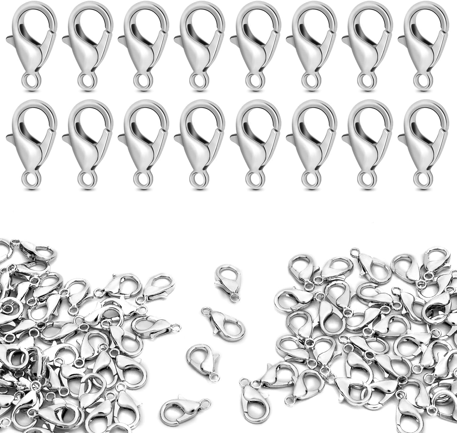 CooBigo 120pcs 12mm Lobster Clasps, Tiny Metal Alloy Lobster Claw Clasps for Necklace Bracelets Clip, Keychain Ring, Jewelry Making Accessories Silver