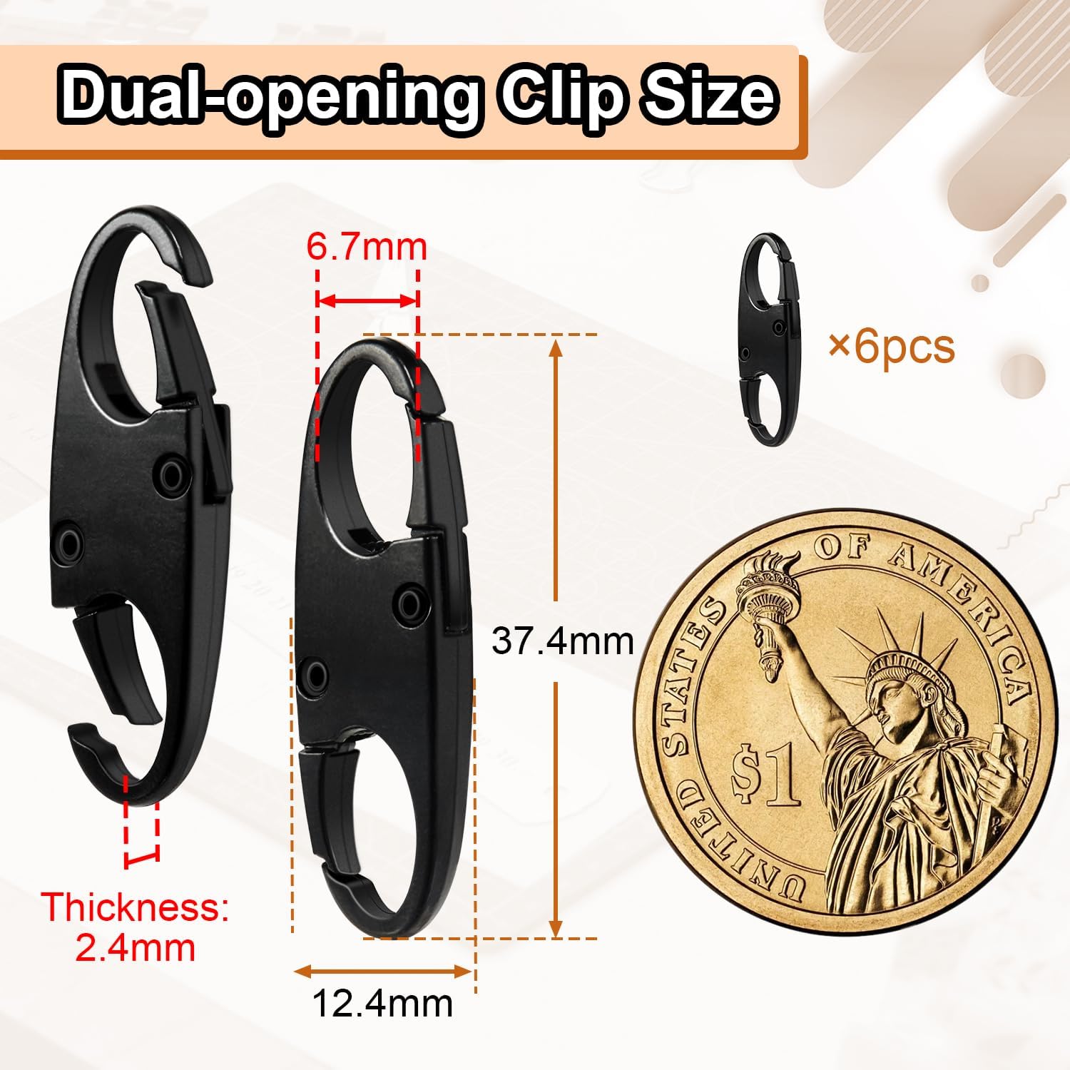 6Pcs Double Opening Lock Zipper Pull Replacement Clips, Small Carabiner Clips, Zipper Locks Anti Theft Deterrent for Bag Luggage Pickpocket Backpack Purse Travel Suitcase Black