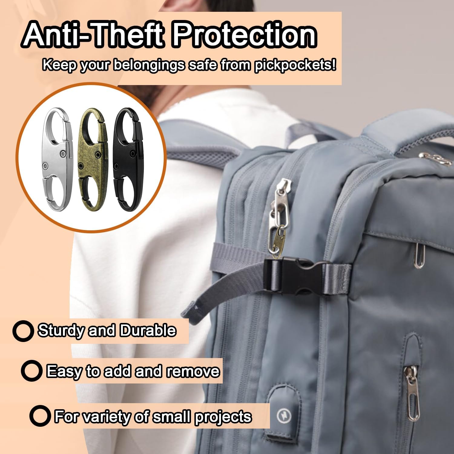6Pcs Double Opening Lock Zipper Pull Replacement Clips, Small Carabiner Clips, Zipper Locks Anti Theft Deterrent for Bag Luggage Pickpocket Backpack Purse Travel Suitcase Black
