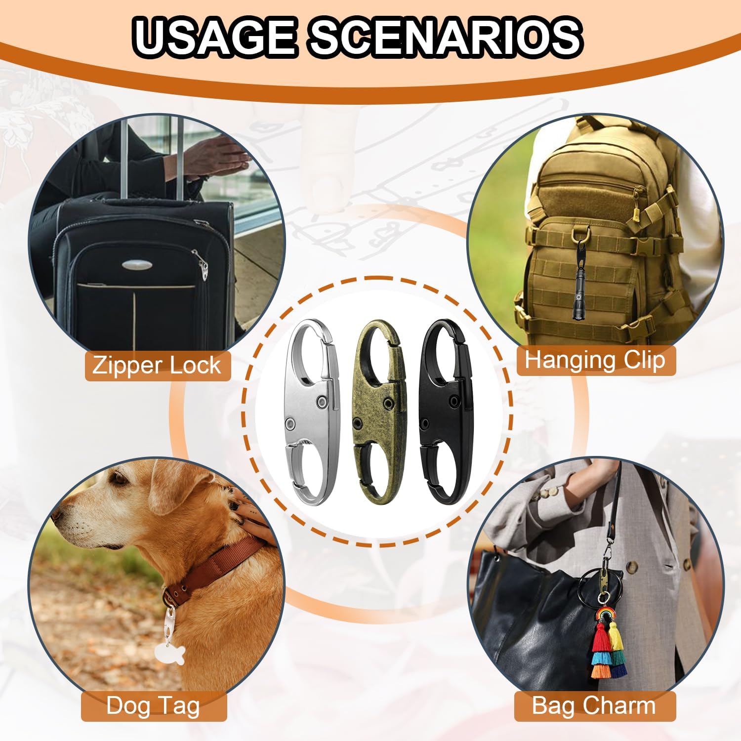 6Pcs Double Opening Lock Zipper Pull Replacement Clips, Small Carabiner Clips, Zipper Locks Anti Theft Deterrent for Bag Luggage Pickpocket Backpack Purse Travel Suitcase Black